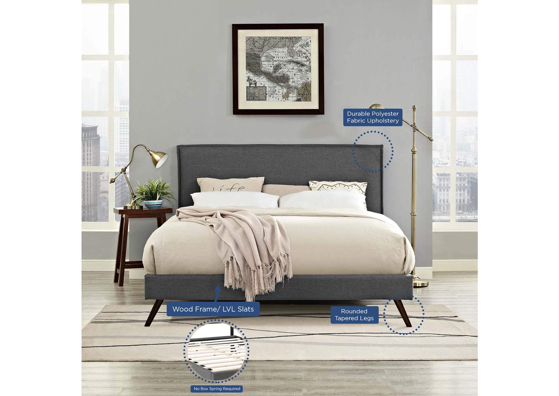 Gray Amaris Platform Queen Bed - Fabric with Round Splayed Legs,Modway