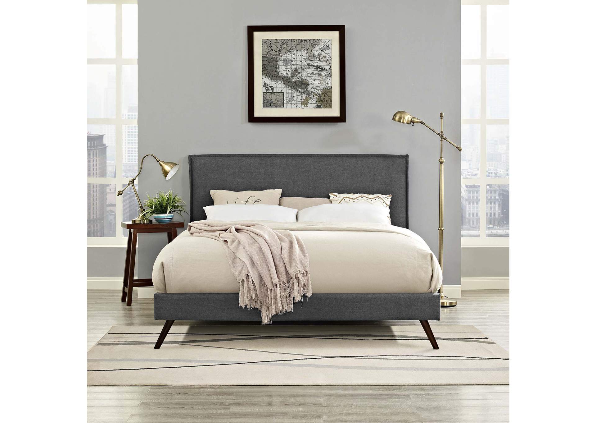 Gray Amaris Platform Queen Bed - Fabric with Round Splayed Legs,Modway