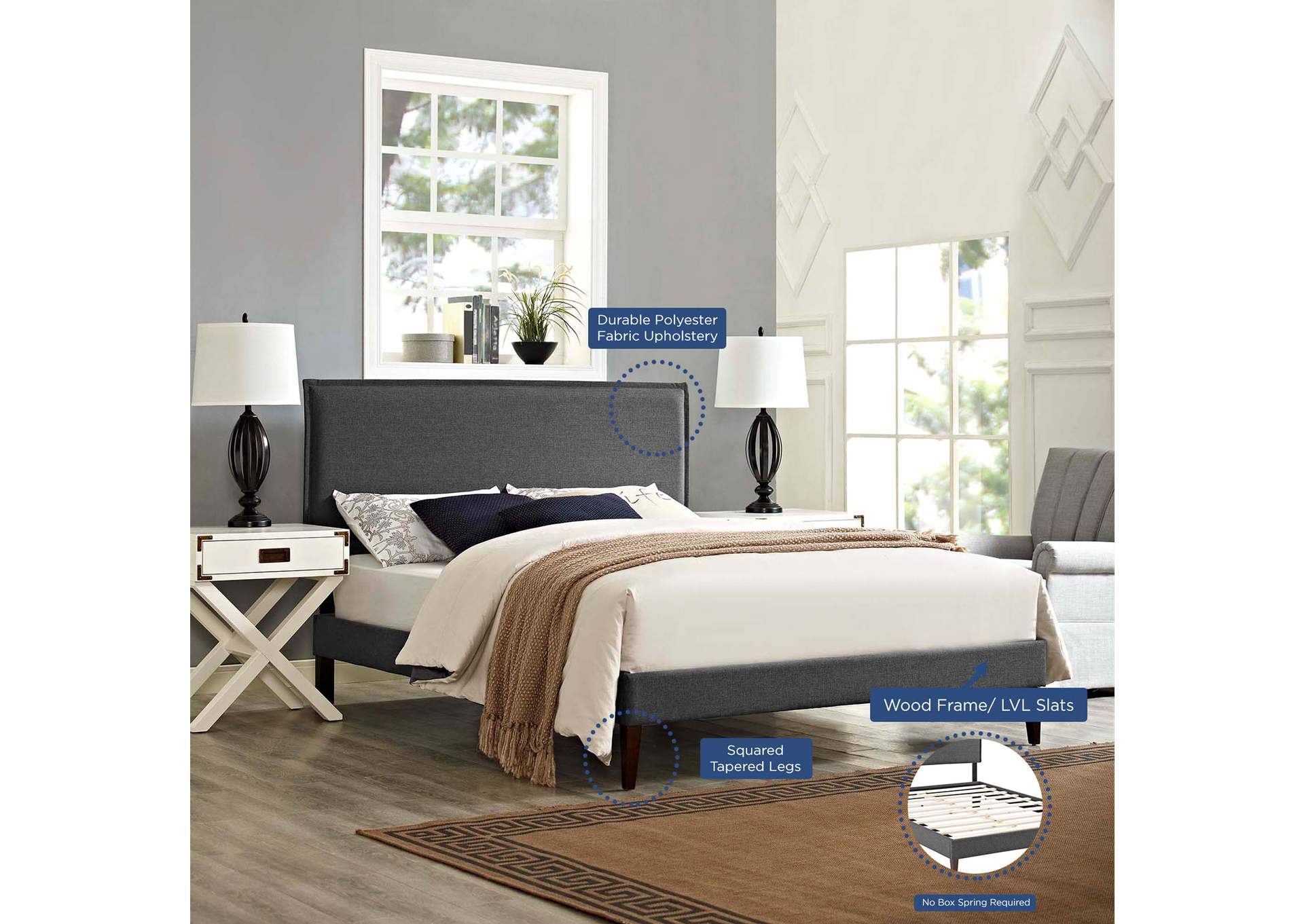 Gray Amaris Platform Queen Bed - Fabric with Squared Tapered Legs,Modway