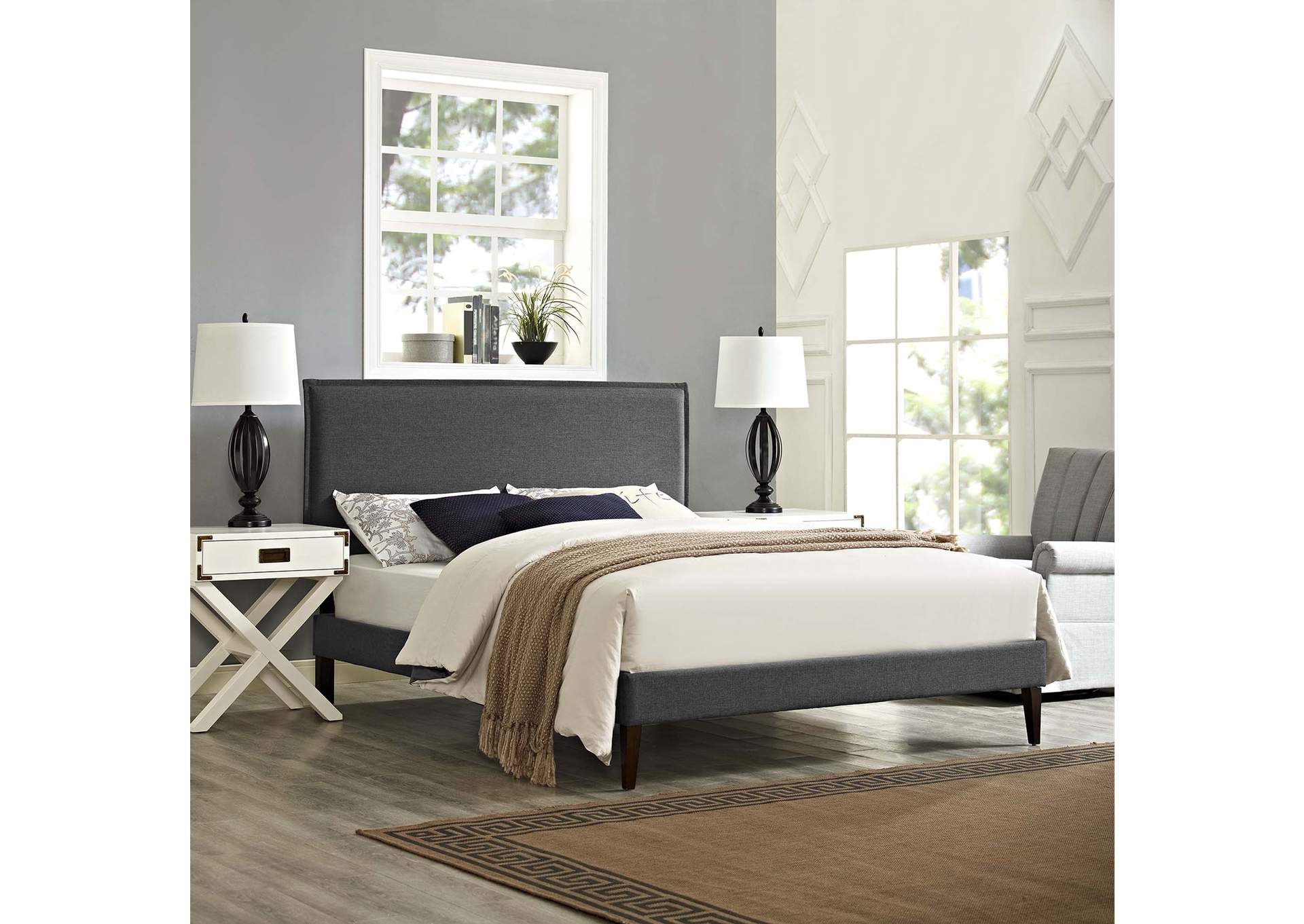 Gray Amaris Platform Queen Bed - Fabric with Squared Tapered Legs,Modway