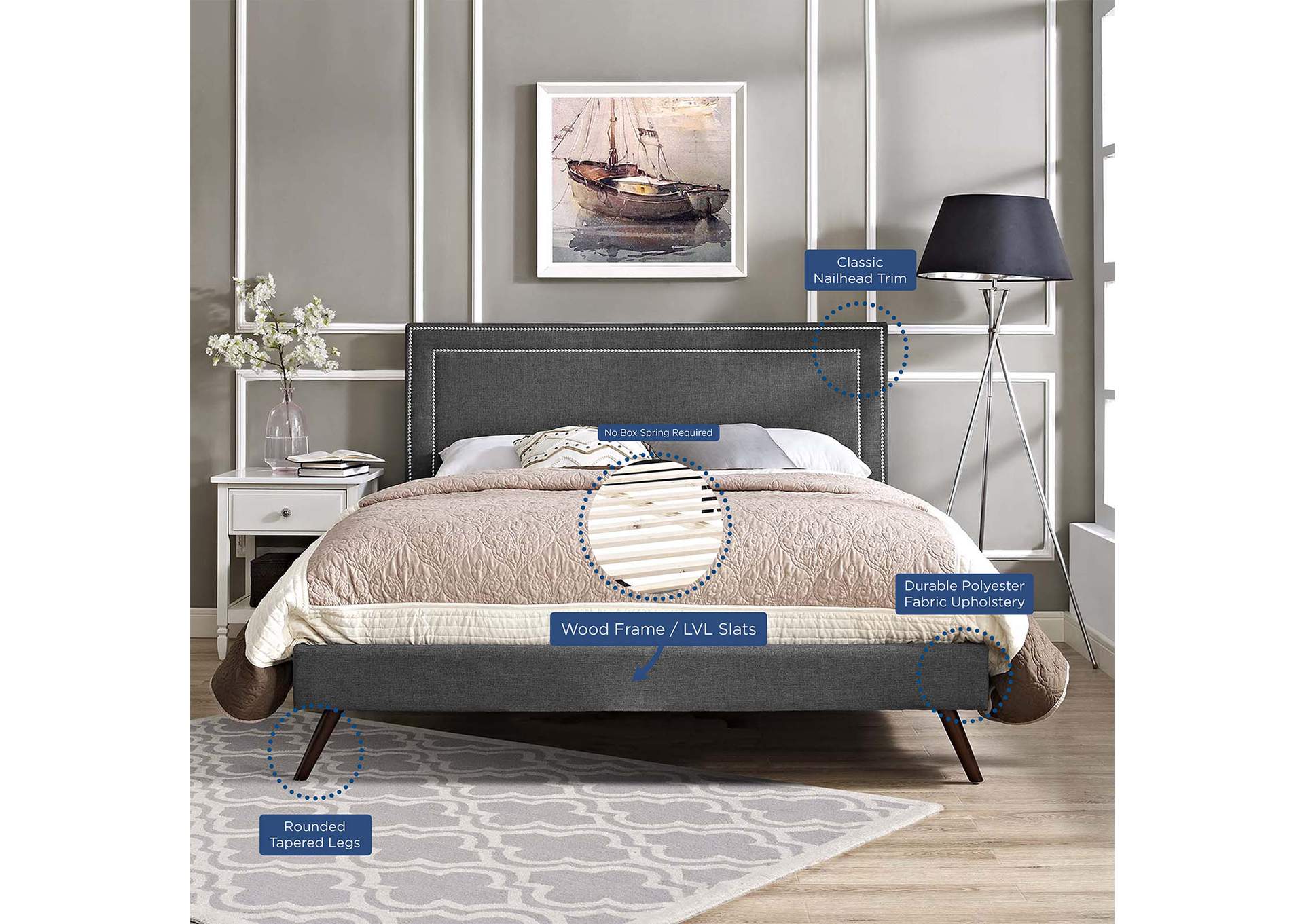 Gray Virginia Platform Queen Bed - Fabric with Round Splayed Legs,Modway