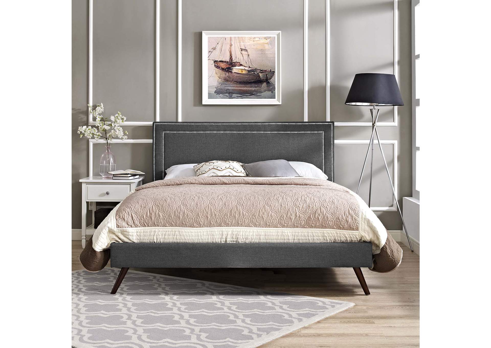 Gray Virginia Platform Queen Bed - Fabric with Round Splayed Legs,Modway