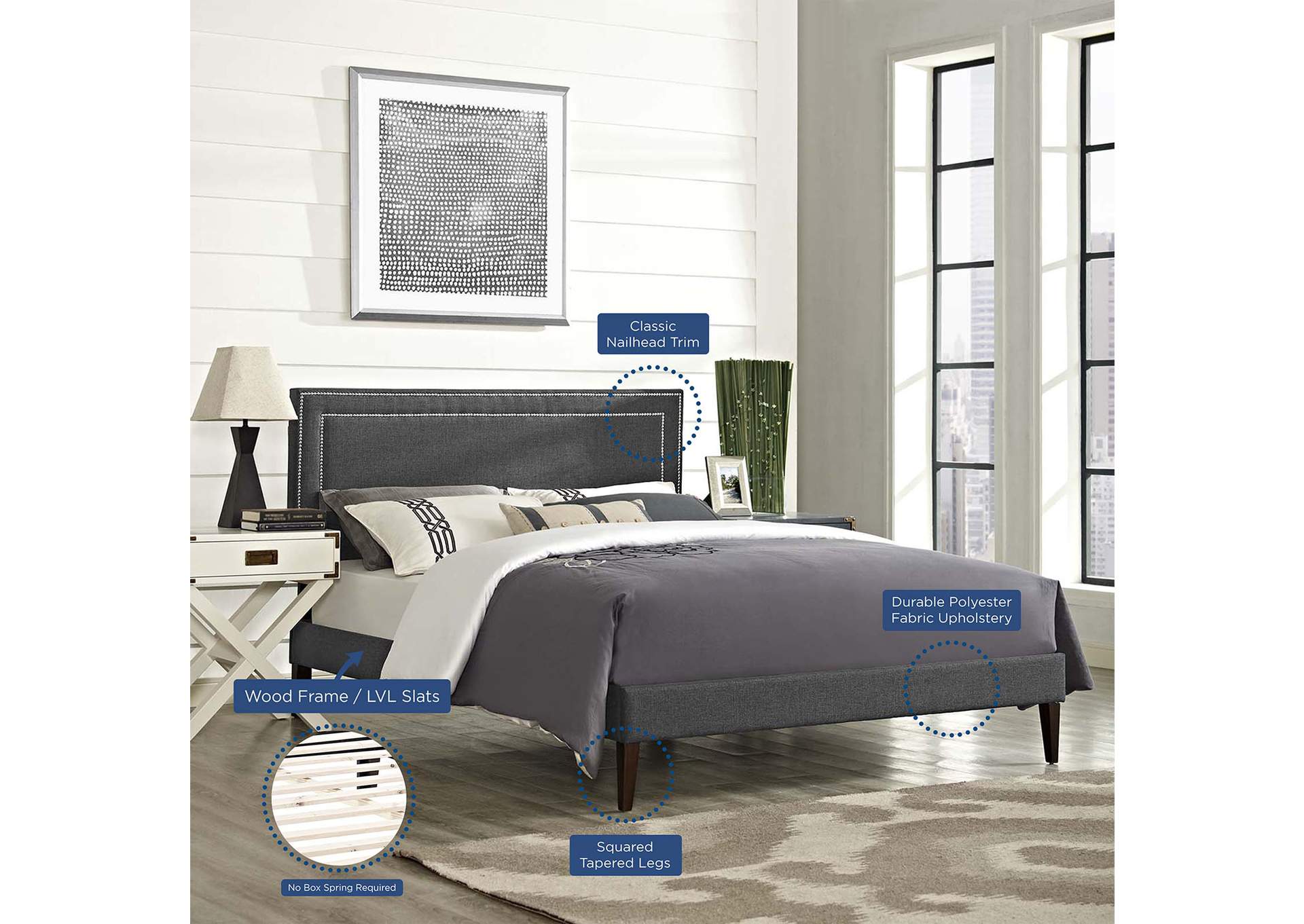 Gray Virginia Platform Queen Bed - Fabric with Squared Tapered Legs,Modway