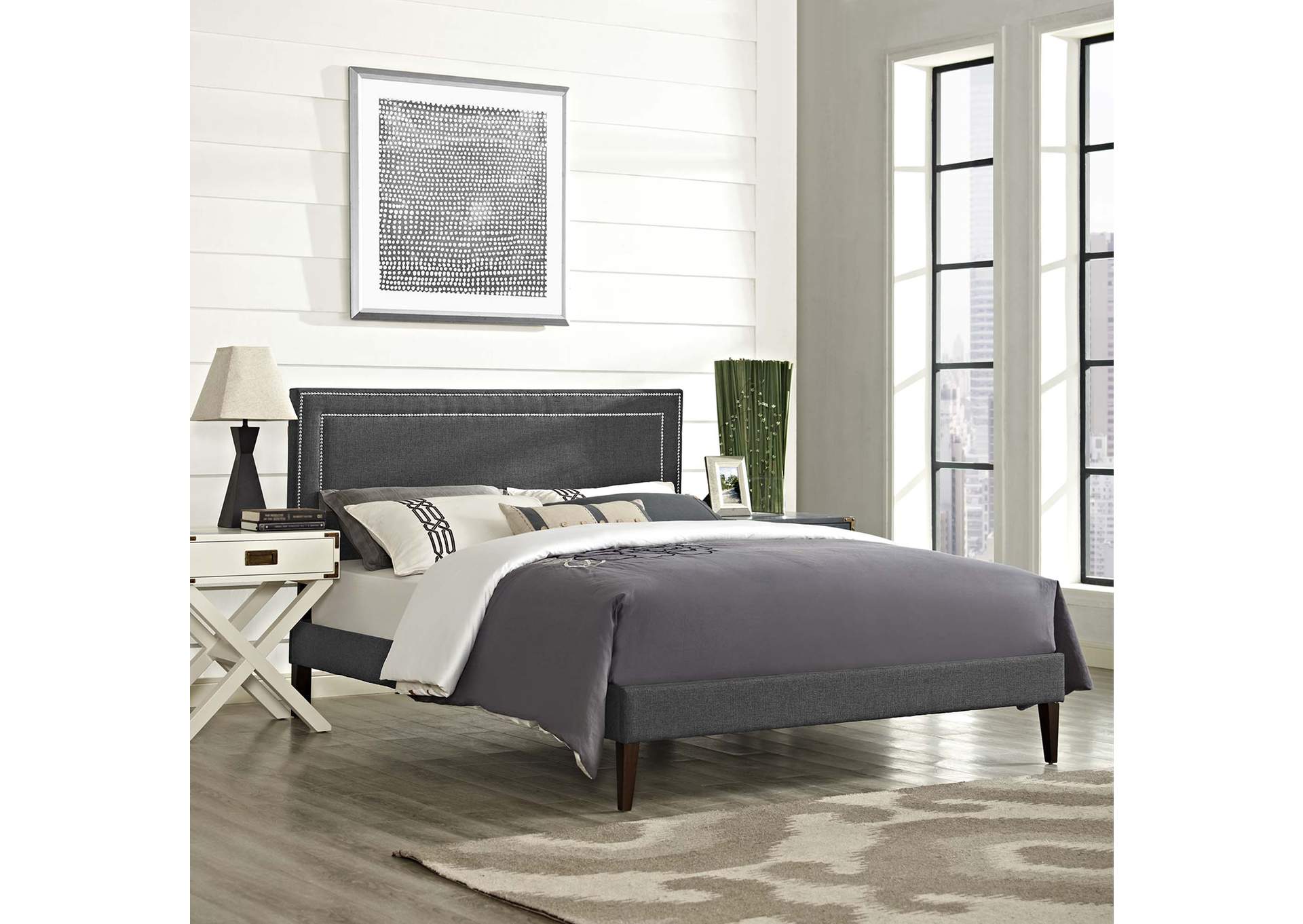Gray Virginia Platform Queen Bed - Fabric with Squared Tapered Legs,Modway