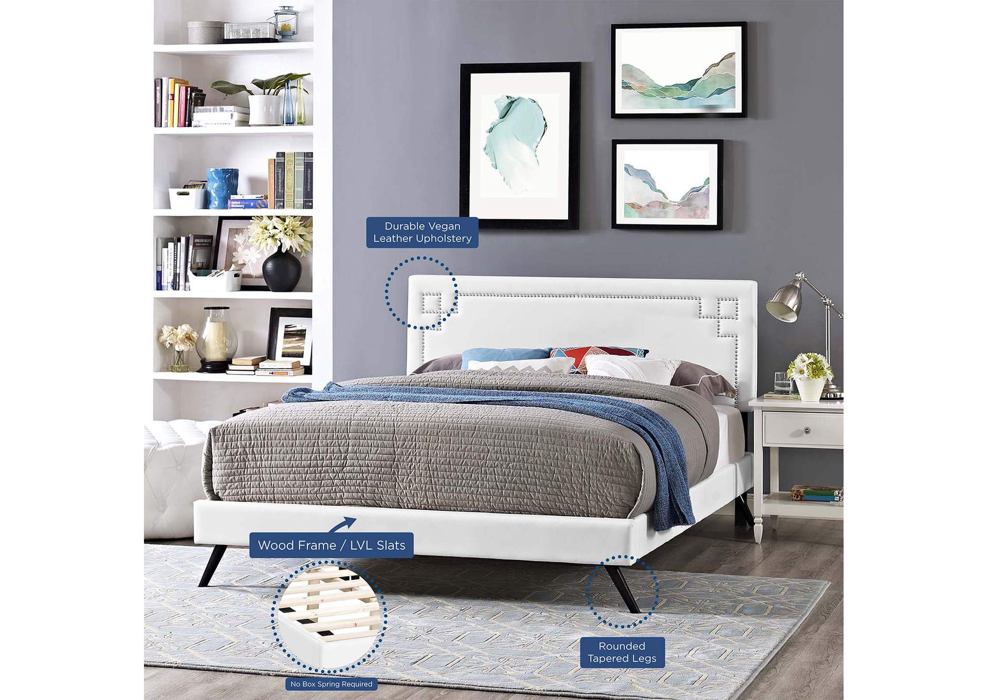 White Ruthie Platform Queen Bed - Vinyl with Round Splayed Legs,Modway