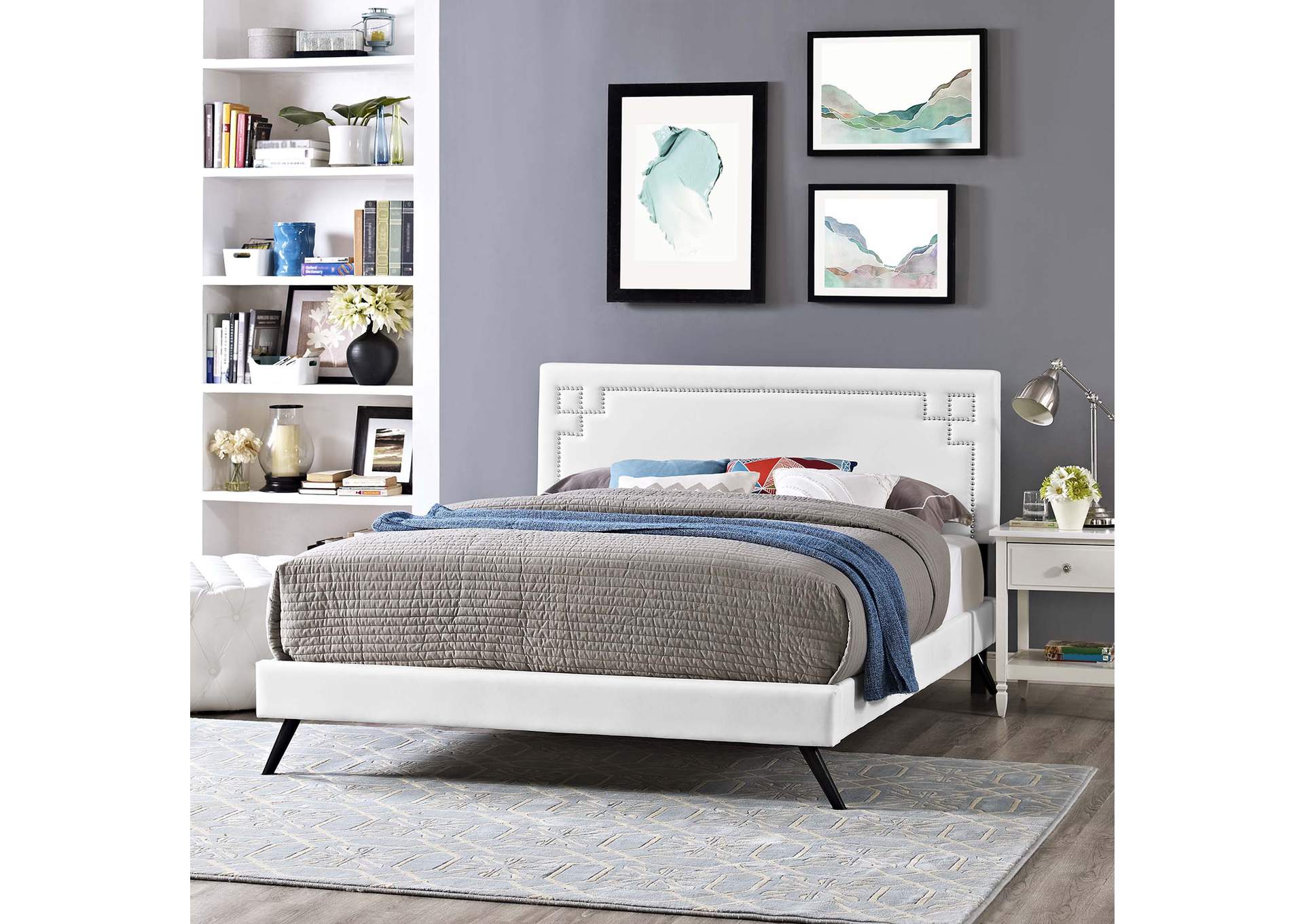 White Ruthie Platform Queen Bed - Vinyl with Round Splayed Legs,Modway