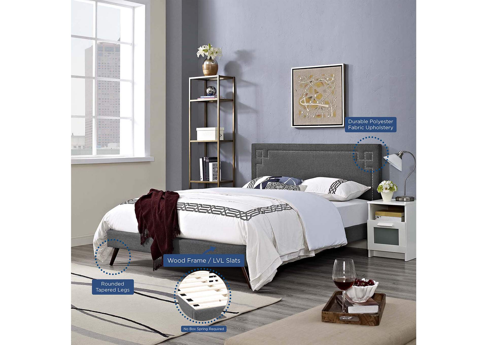 Gray Ruthie Platform Queen Bed - Fabric with Round Splayed Legs,Modway