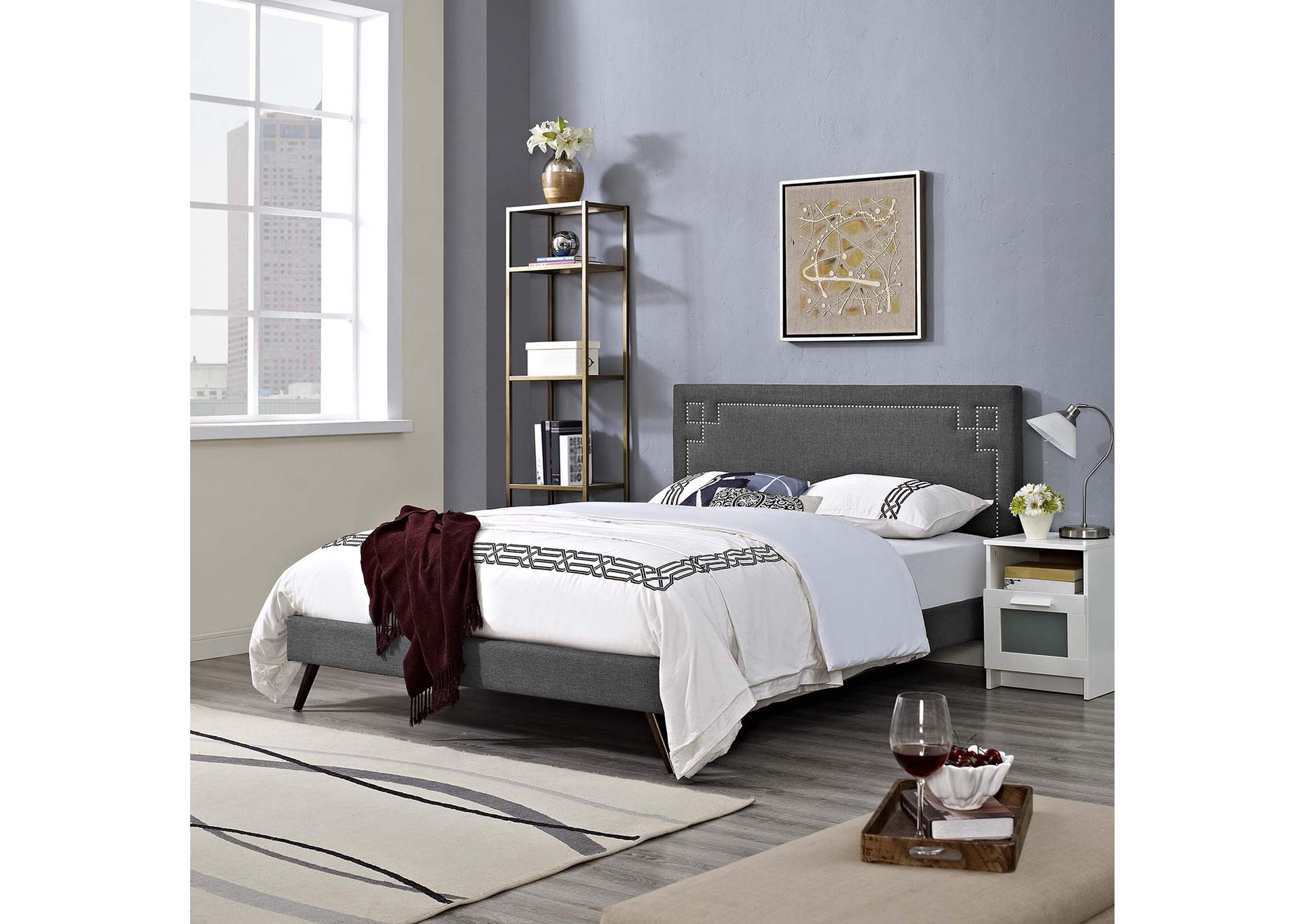 Gray Ruthie Platform Queen Bed - Fabric with Round Splayed Legs,Modway