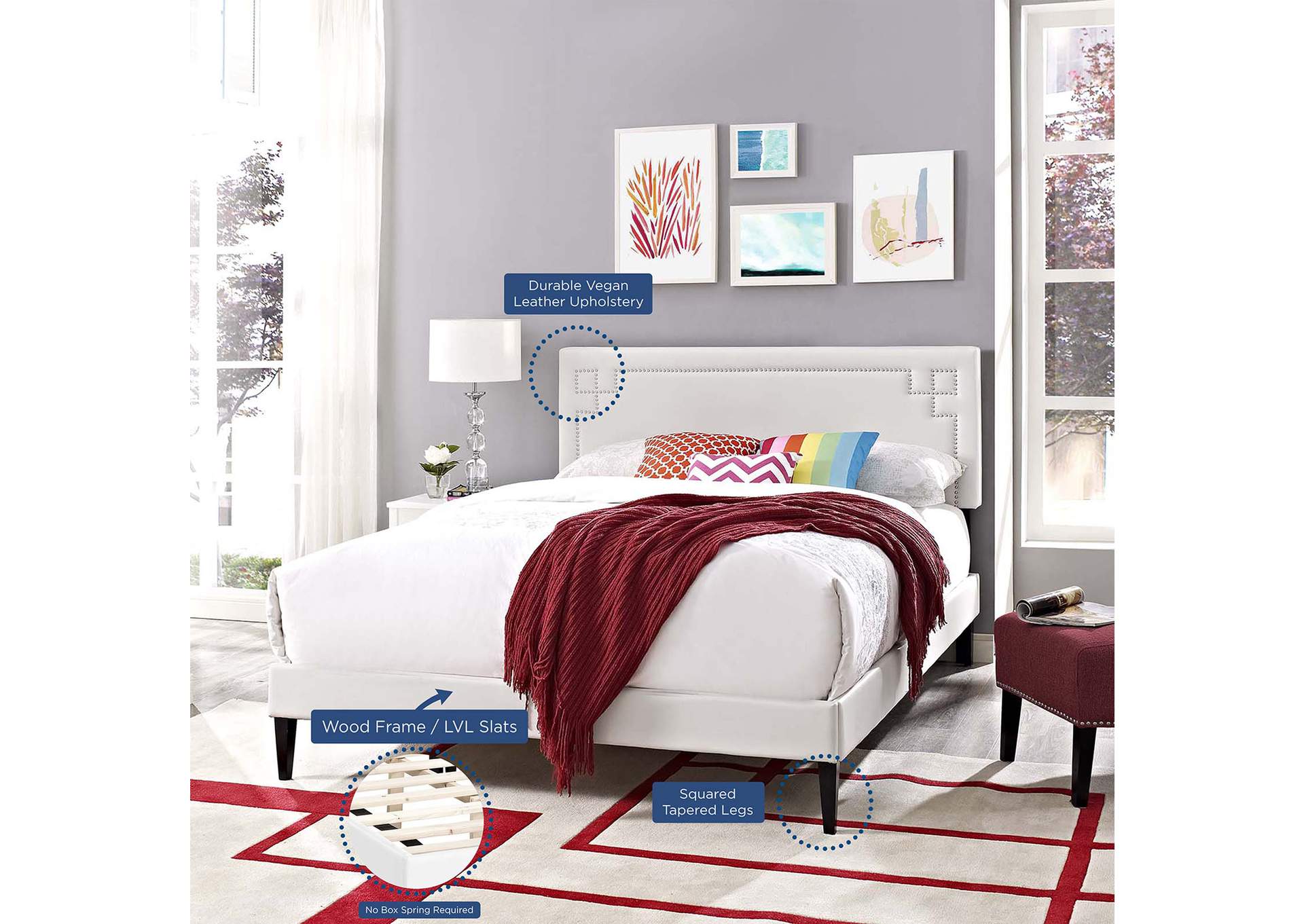 White Ruthie Platform Queen Bed - Vinyl with Squared Tapered Legs,Modway