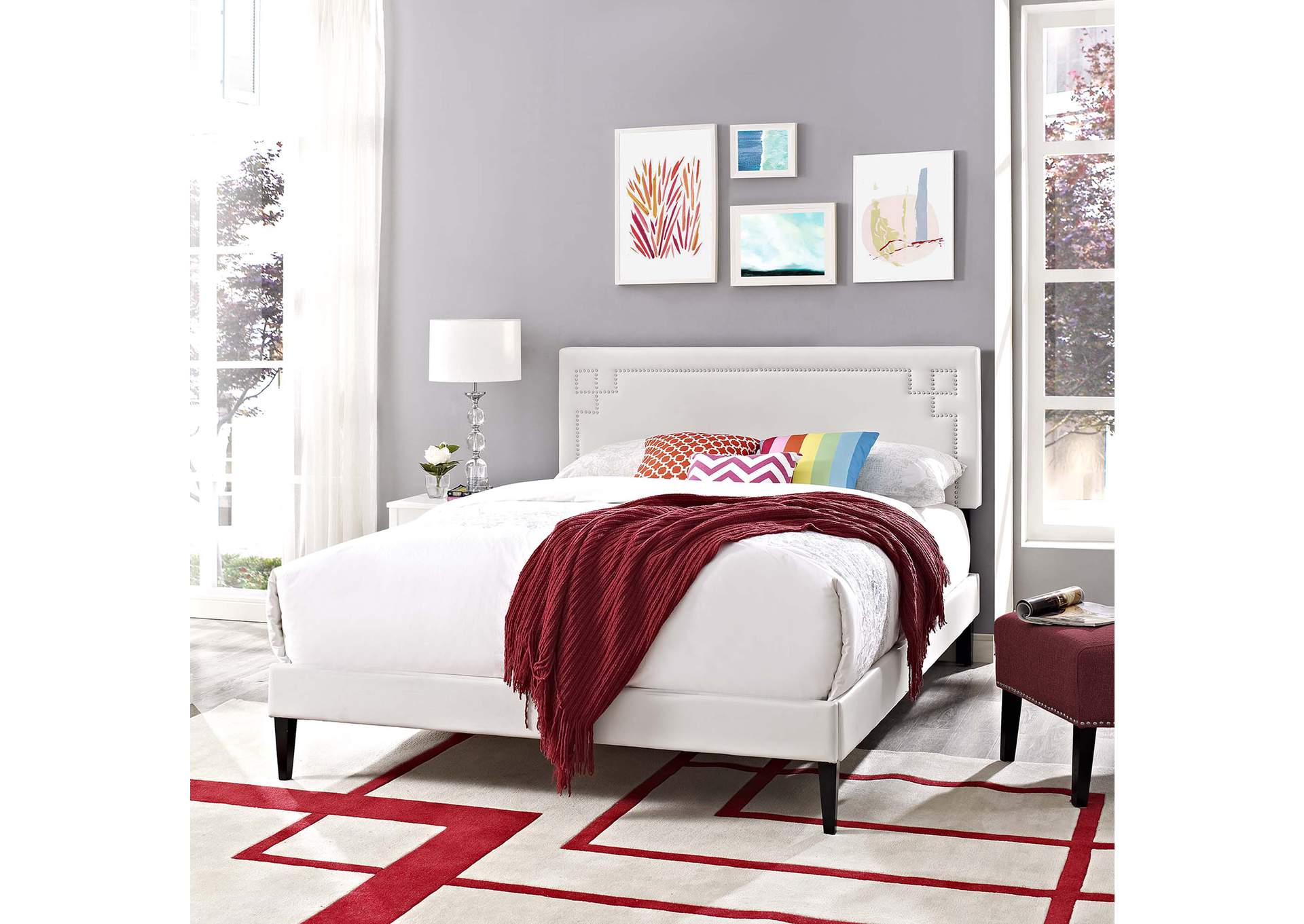 White Ruthie Platform Queen Bed - Vinyl with Squared Tapered Legs,Modway