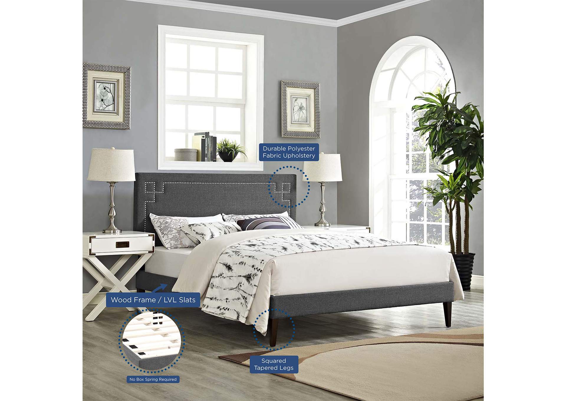Gray Ruthie Platform Queen Bed - Fabric with Squared Tapered Legs,Modway