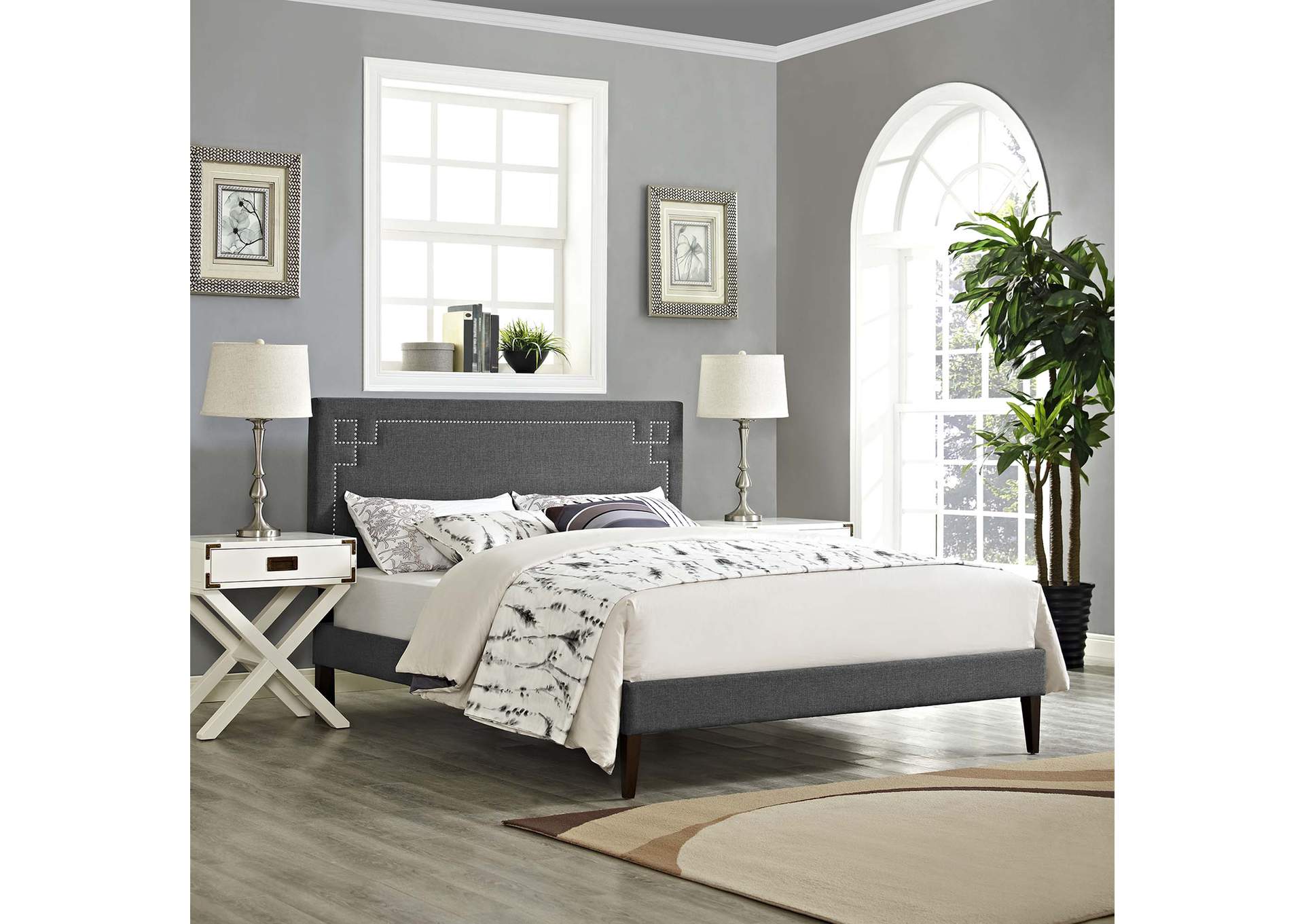 Gray Ruthie Platform Queen Bed - Fabric with Squared Tapered Legs,Modway