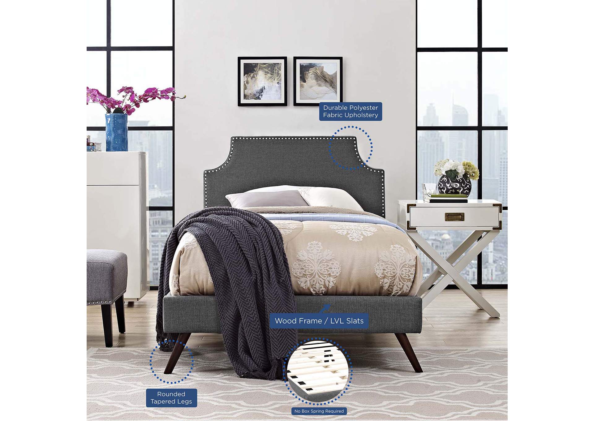 Gray Corene Platform Twin Bed - Fabric with Round Splayed Legs,Modway