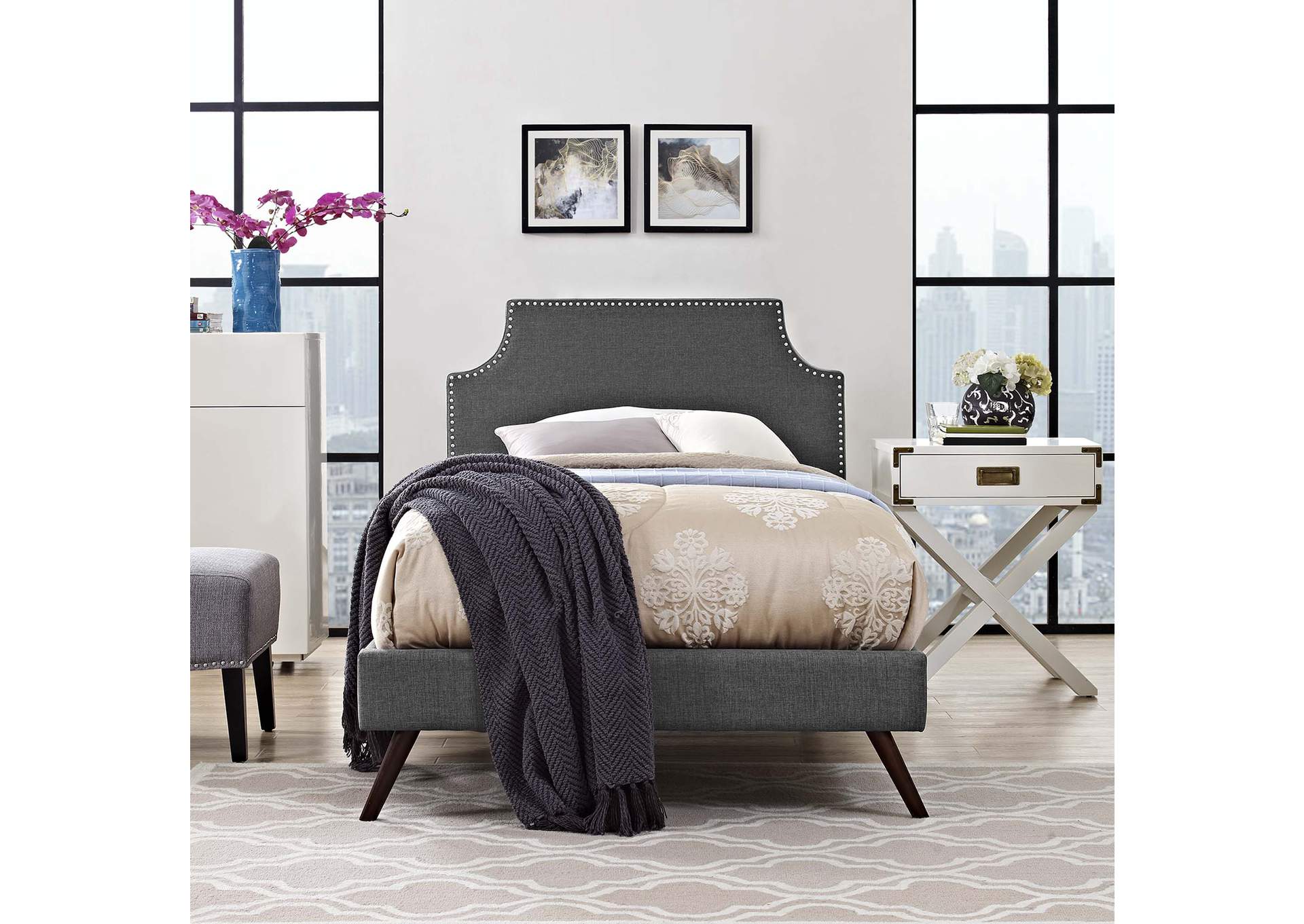 Gray Corene Platform Twin Bed - Fabric with Round Splayed Legs,Modway