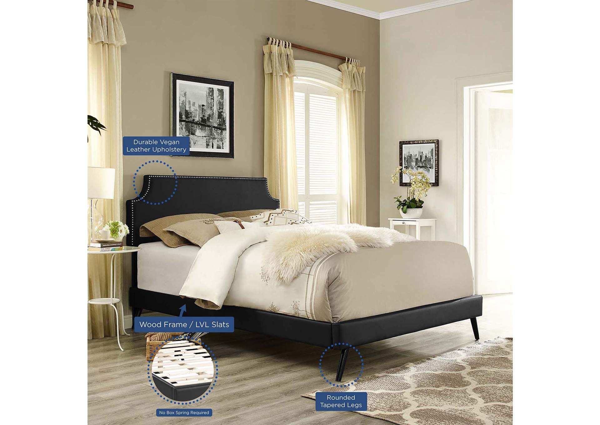 Black Corene Platform Queen Bed - Vinyl with Round Splayed Legs,Modway