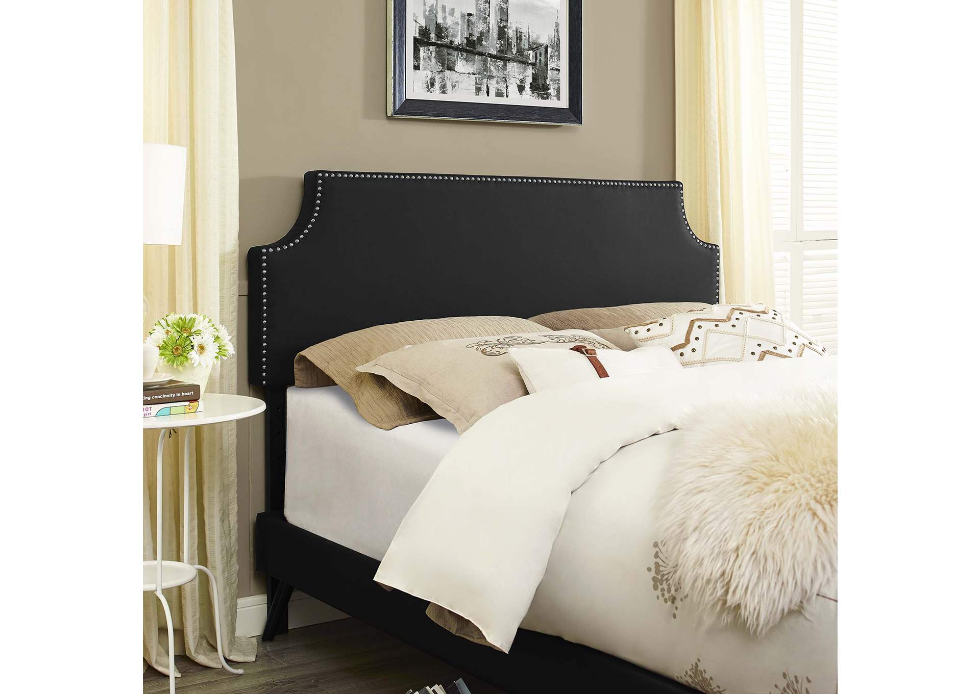 Black Corene Platform Queen Bed - Vinyl with Round Splayed Legs,Modway