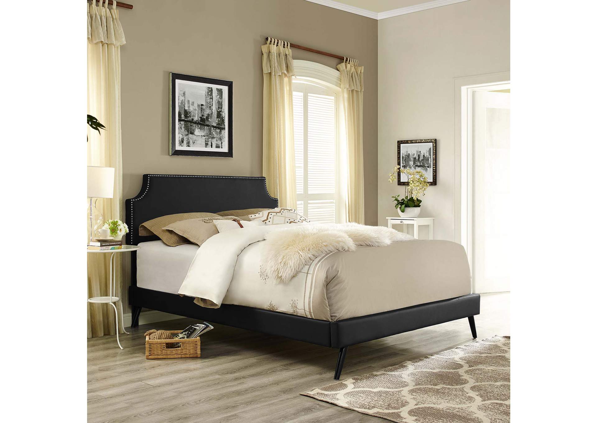 Black Corene Platform Queen Bed - Vinyl with Round Splayed Legs,Modway