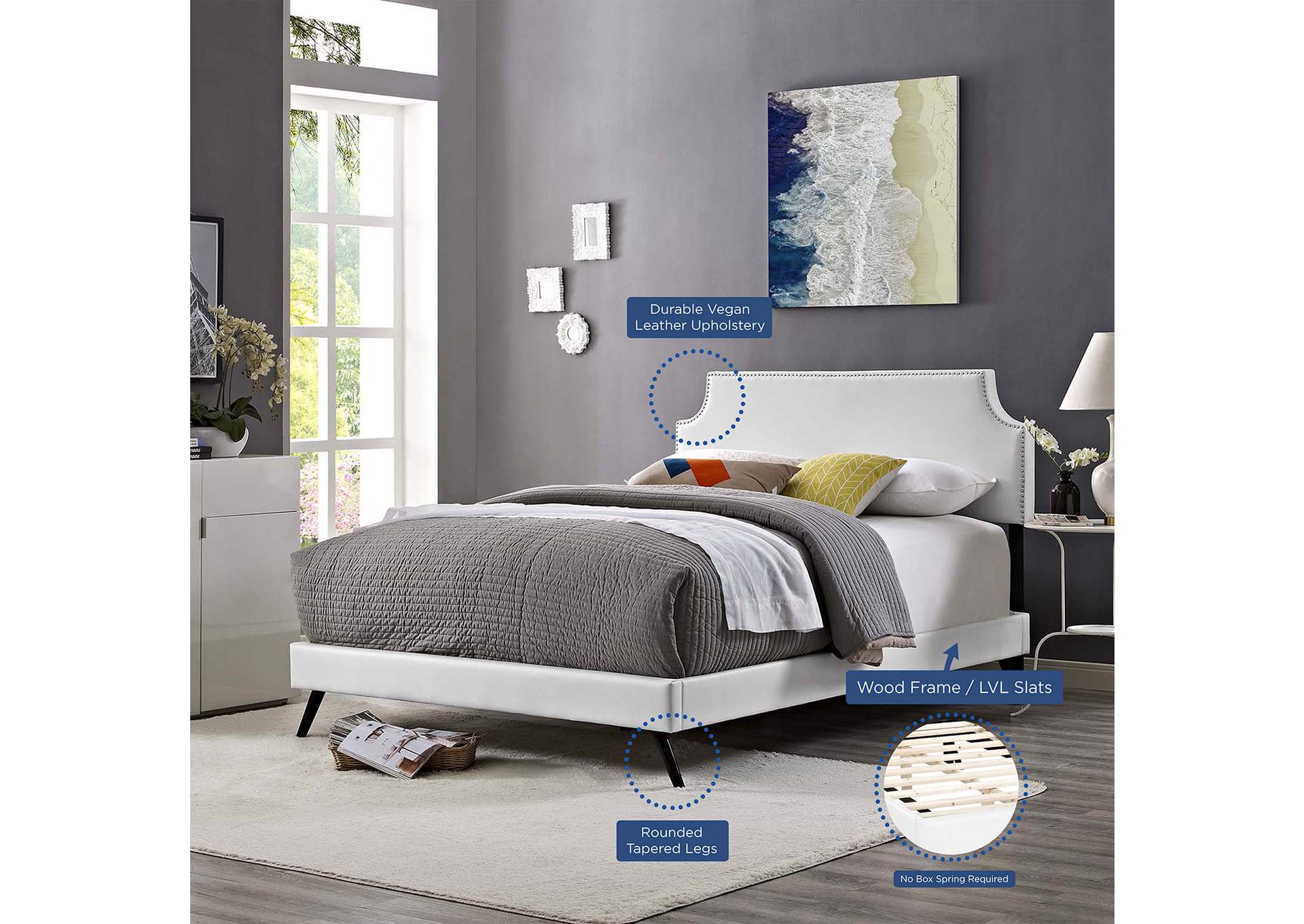 White Corene Platform Queen Bed - Vinyl with Round Splayed Legs,Modway