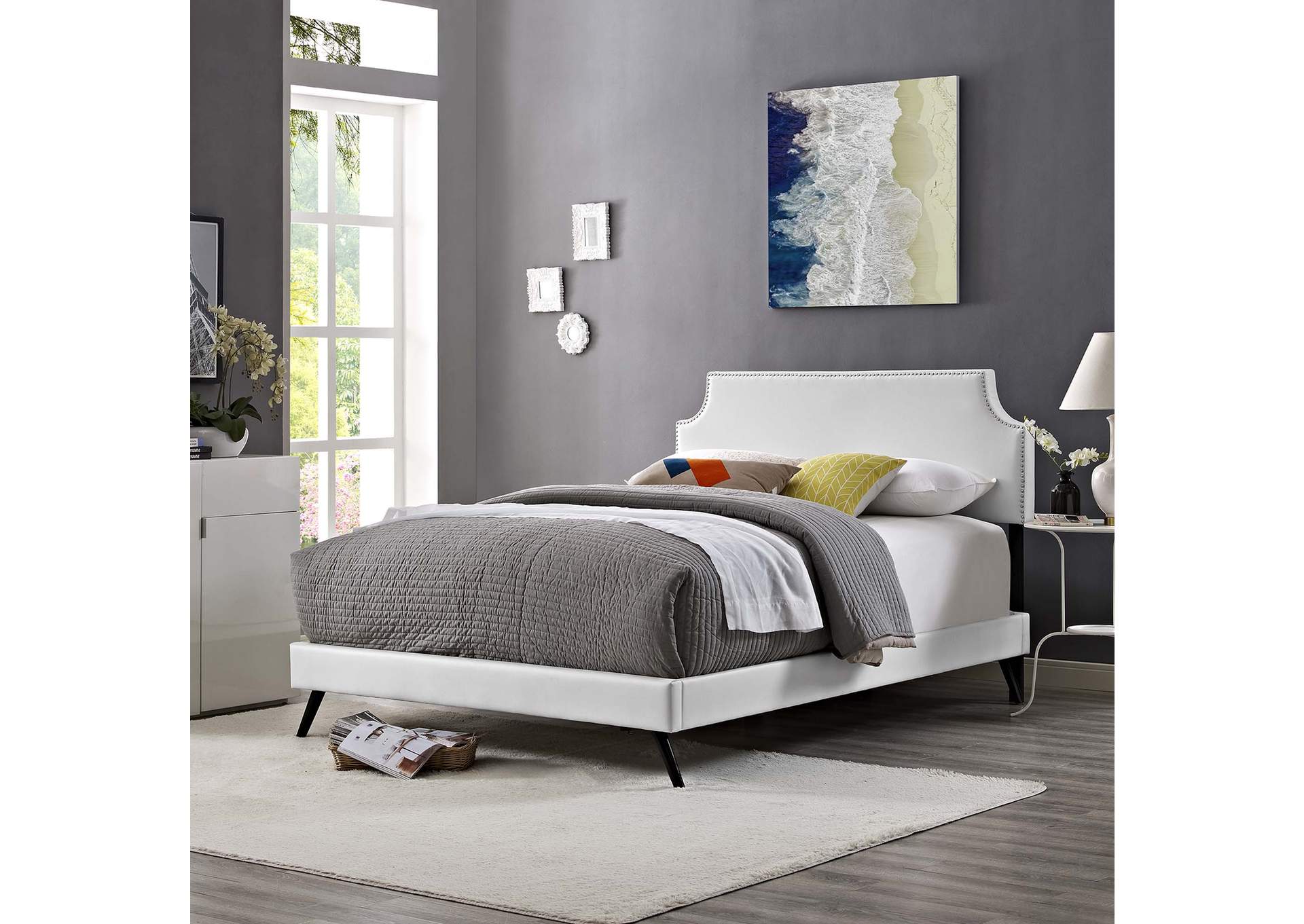 White Corene Platform Queen Bed - Vinyl with Round Splayed Legs,Modway