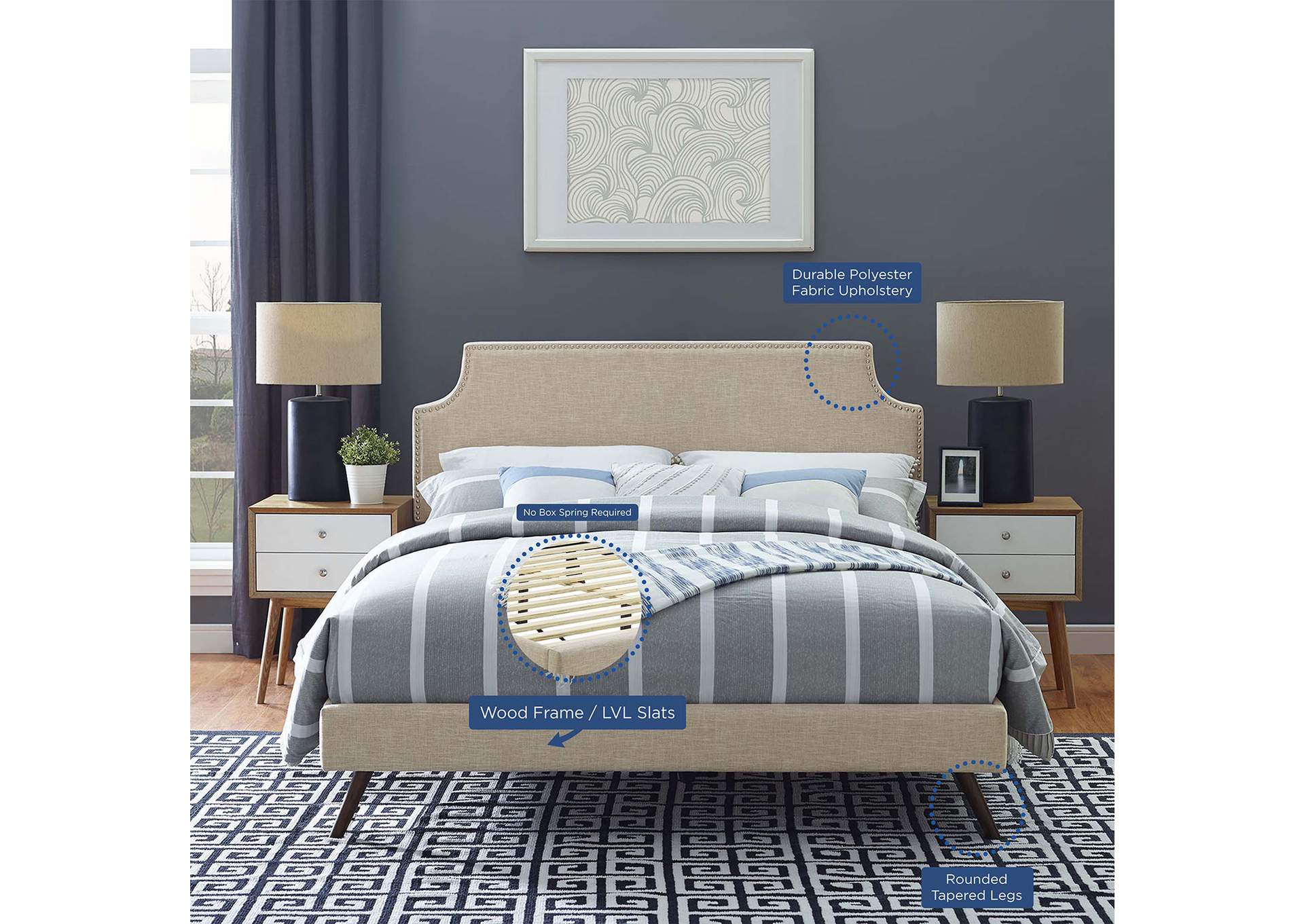 Beige Corene Platform Queen Bed - Fabric with Round Splayed Legs,Modway