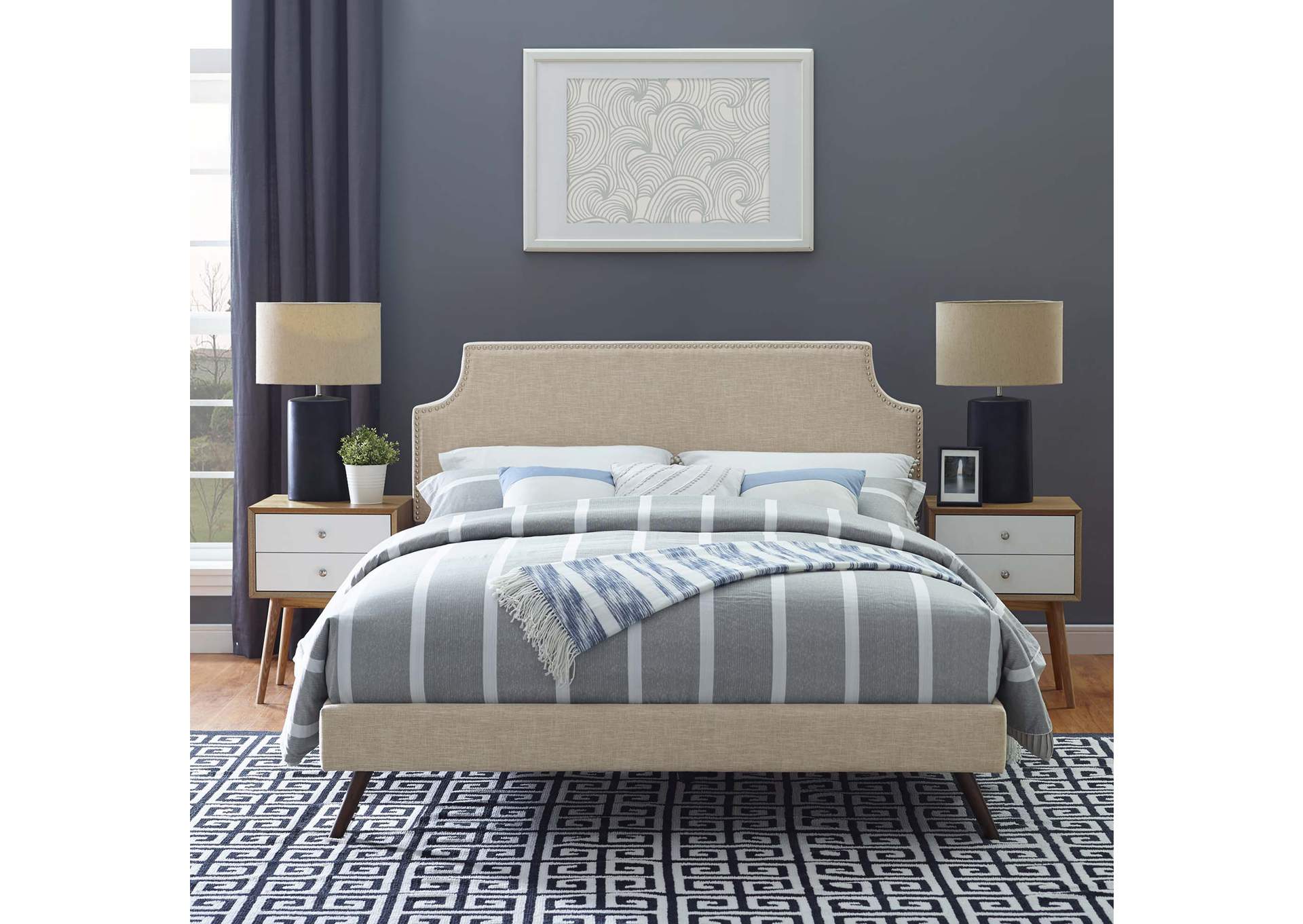 Beige Corene Platform Queen Bed - Fabric with Round Splayed Legs,Modway