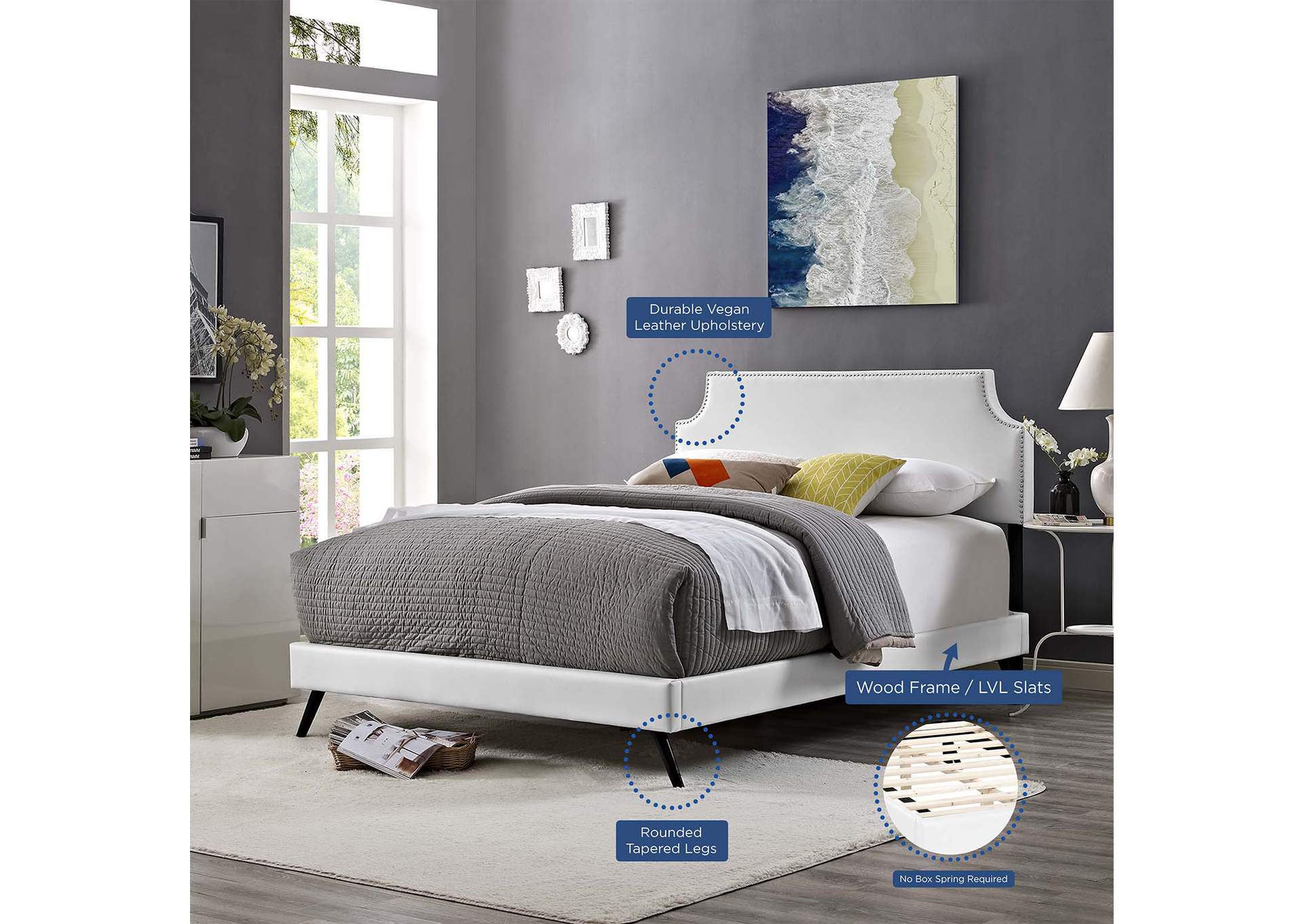 White Corene Platform King Bed - Vinyl with Round Splayed Legs,Modway