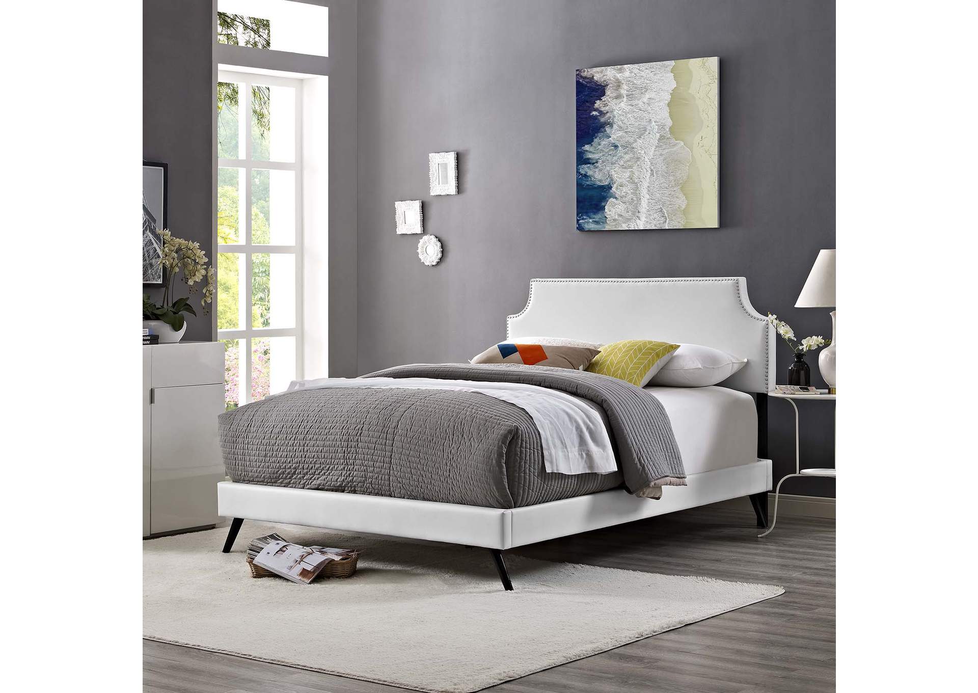 White Corene Platform King Bed - Vinyl with Round Splayed Legs,Modway