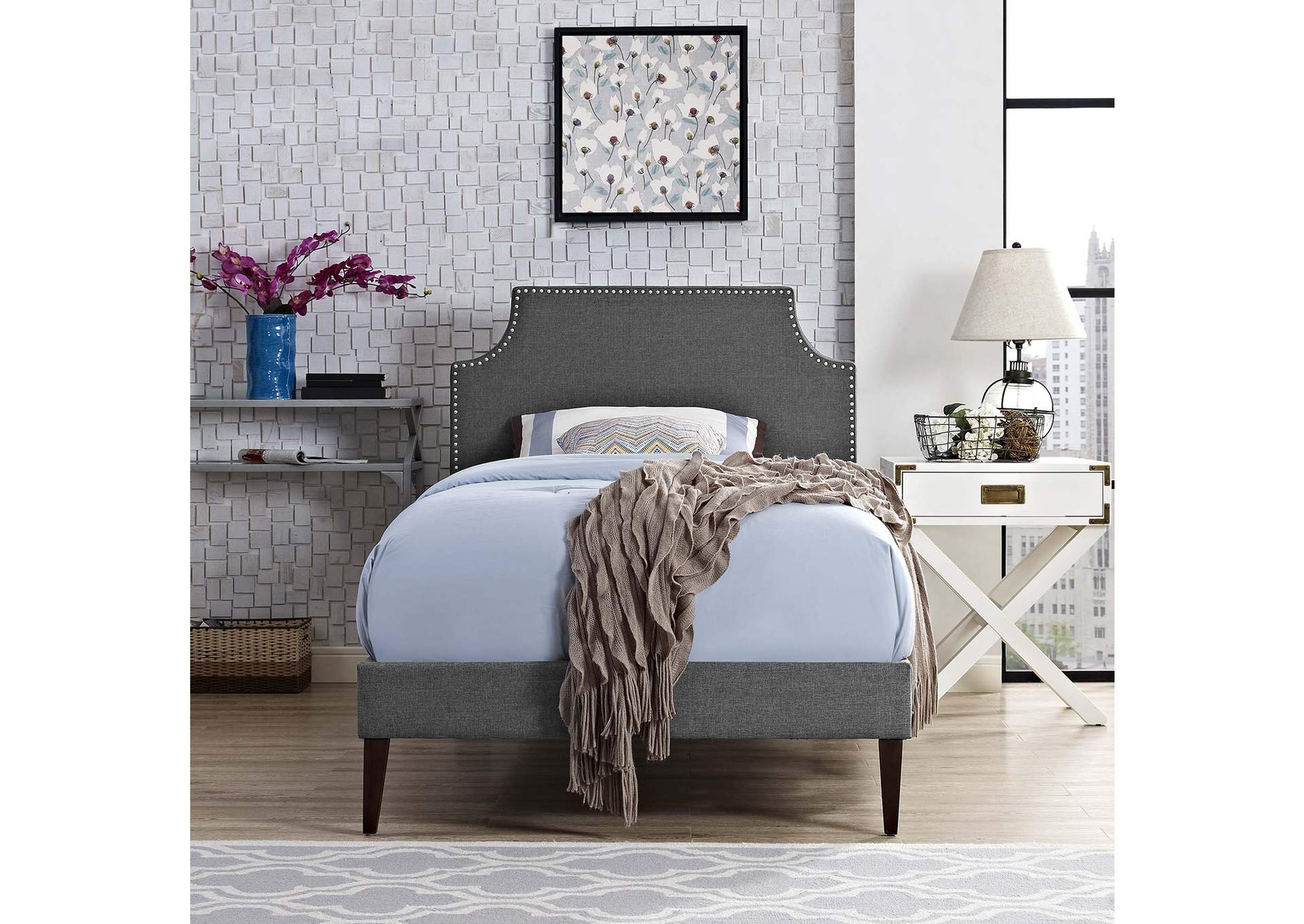 Gray Corene Platform Twin Bed - Fabric with Squared Tapered Legs,Modway