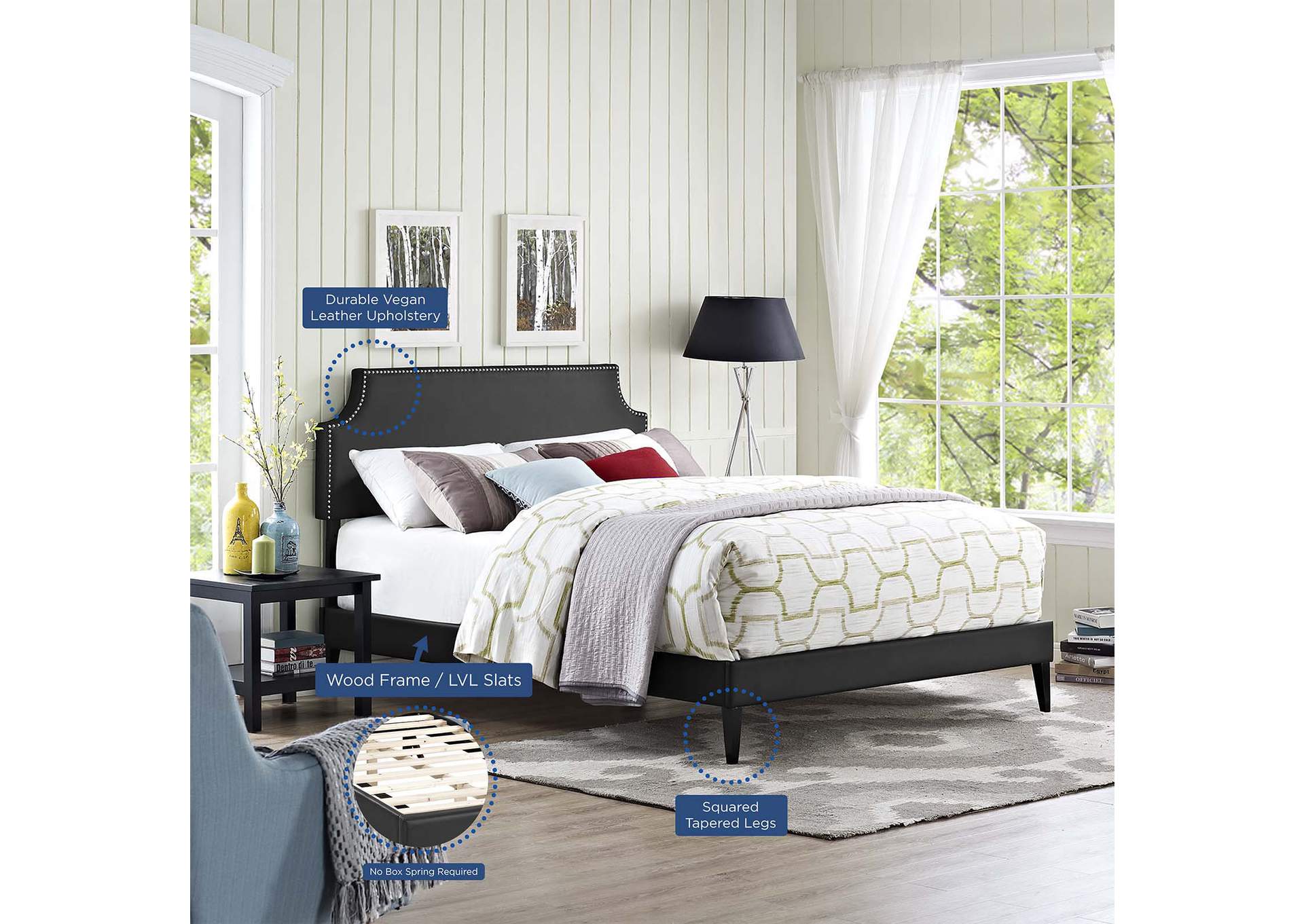 Black Corene Platform Queen Bed - Vinyl with Squared Tapered Legs,Modway