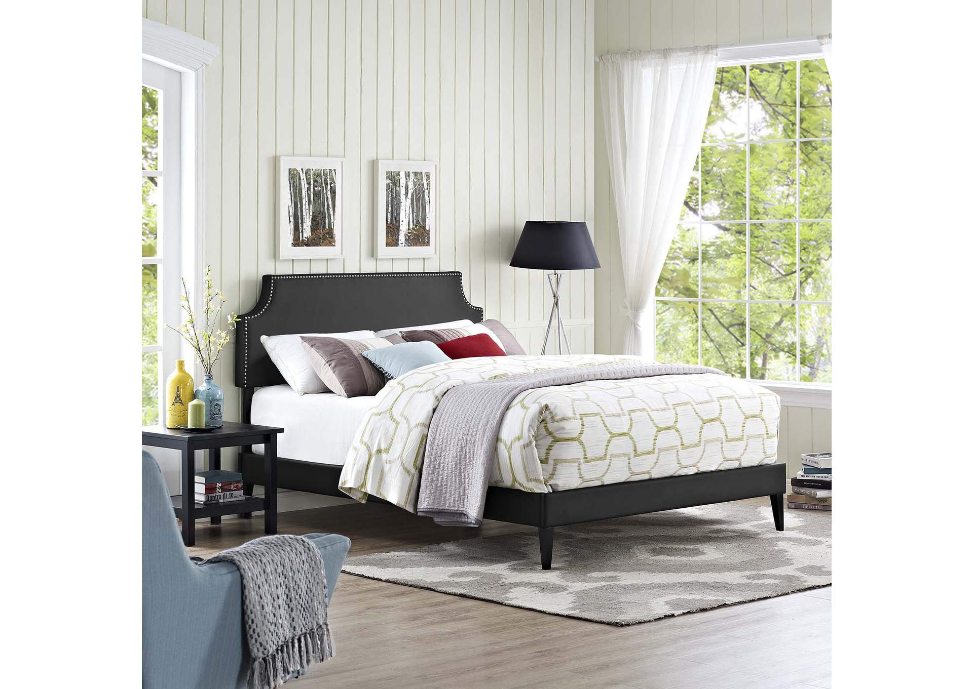 Black Corene Platform Queen Bed - Vinyl with Squared Tapered Legs,Modway