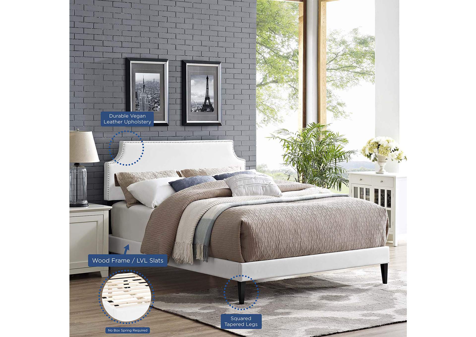 White Corene Platform Queen Bed - Vinyl with Squared Tapered Legs,Modway