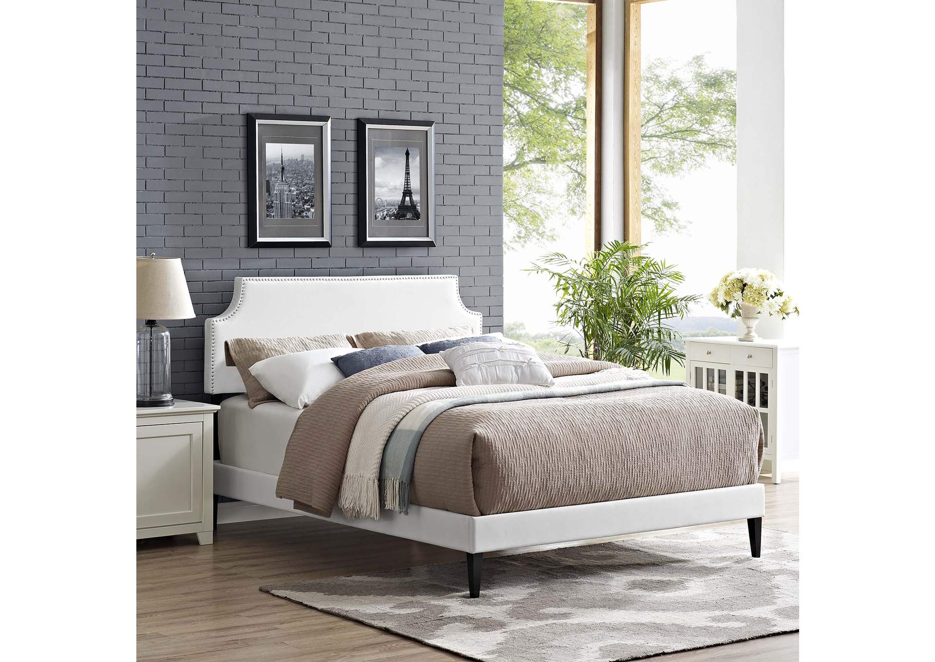 White Corene Platform Queen Bed - Vinyl with Squared Tapered Legs,Modway