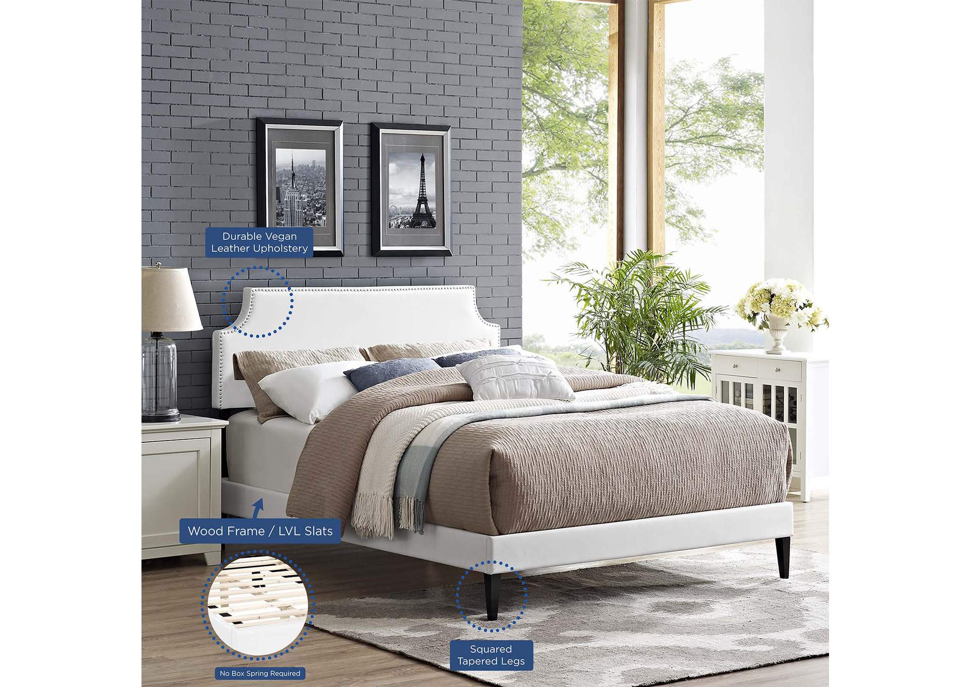 White Corene Platform King Bed - Vinyl with Squared Tapered Legs,Modway