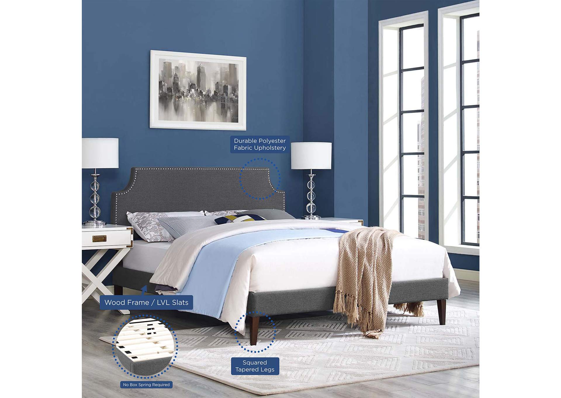 Gray Corene Platform King Bed - Fabric with Squared Tapered Legs,Modway