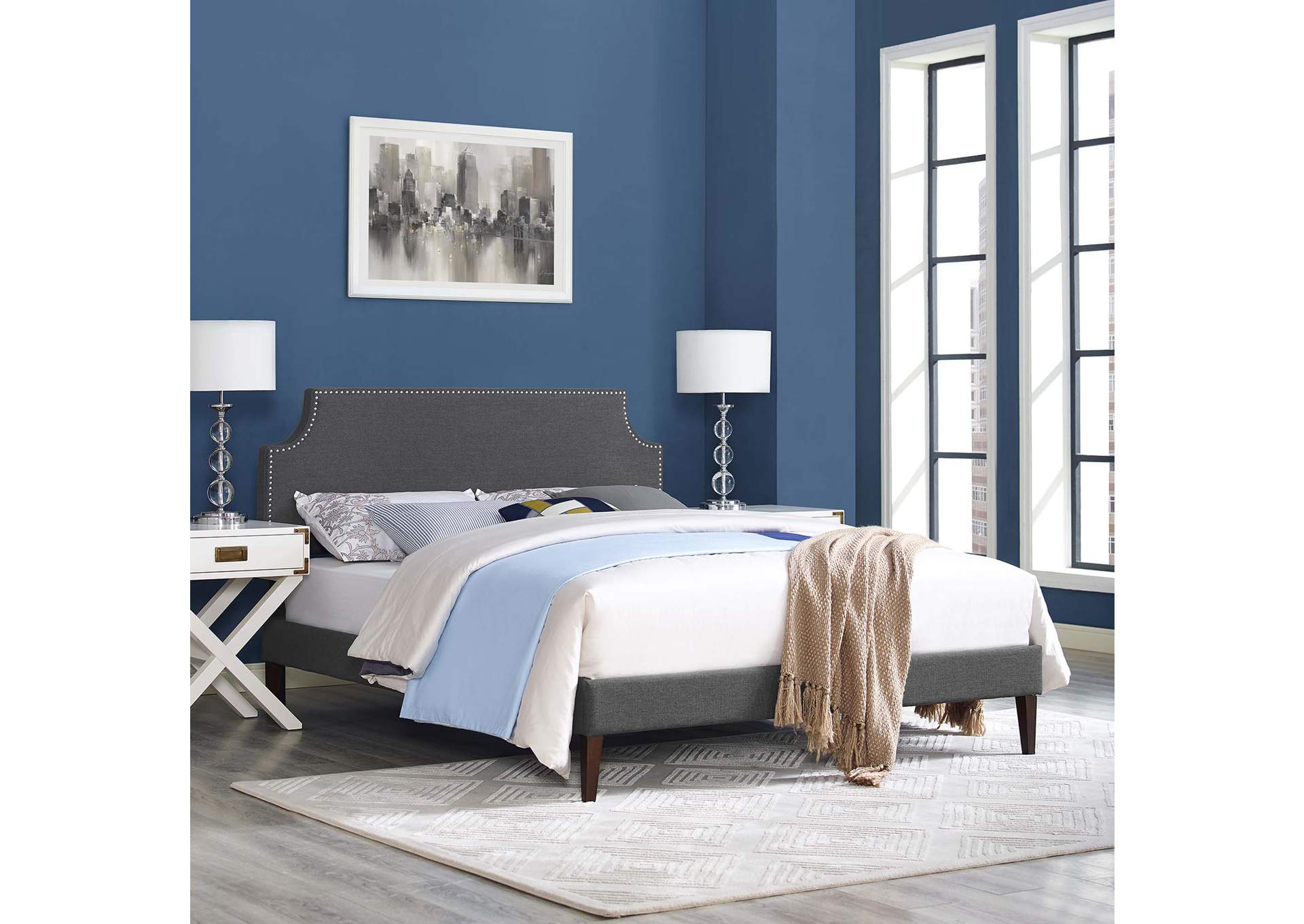 Gray Corene Platform King Bed - Fabric with Squared Tapered Legs,Modway