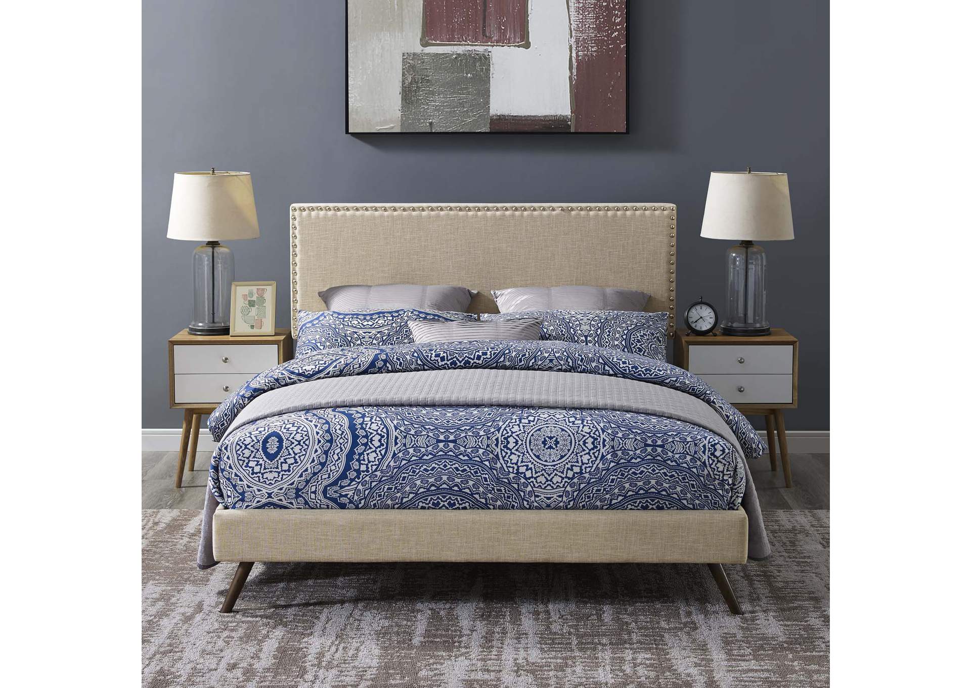 Beige Macie Platform Queen Bed - Fabric with Round Splayed Legs,Modway