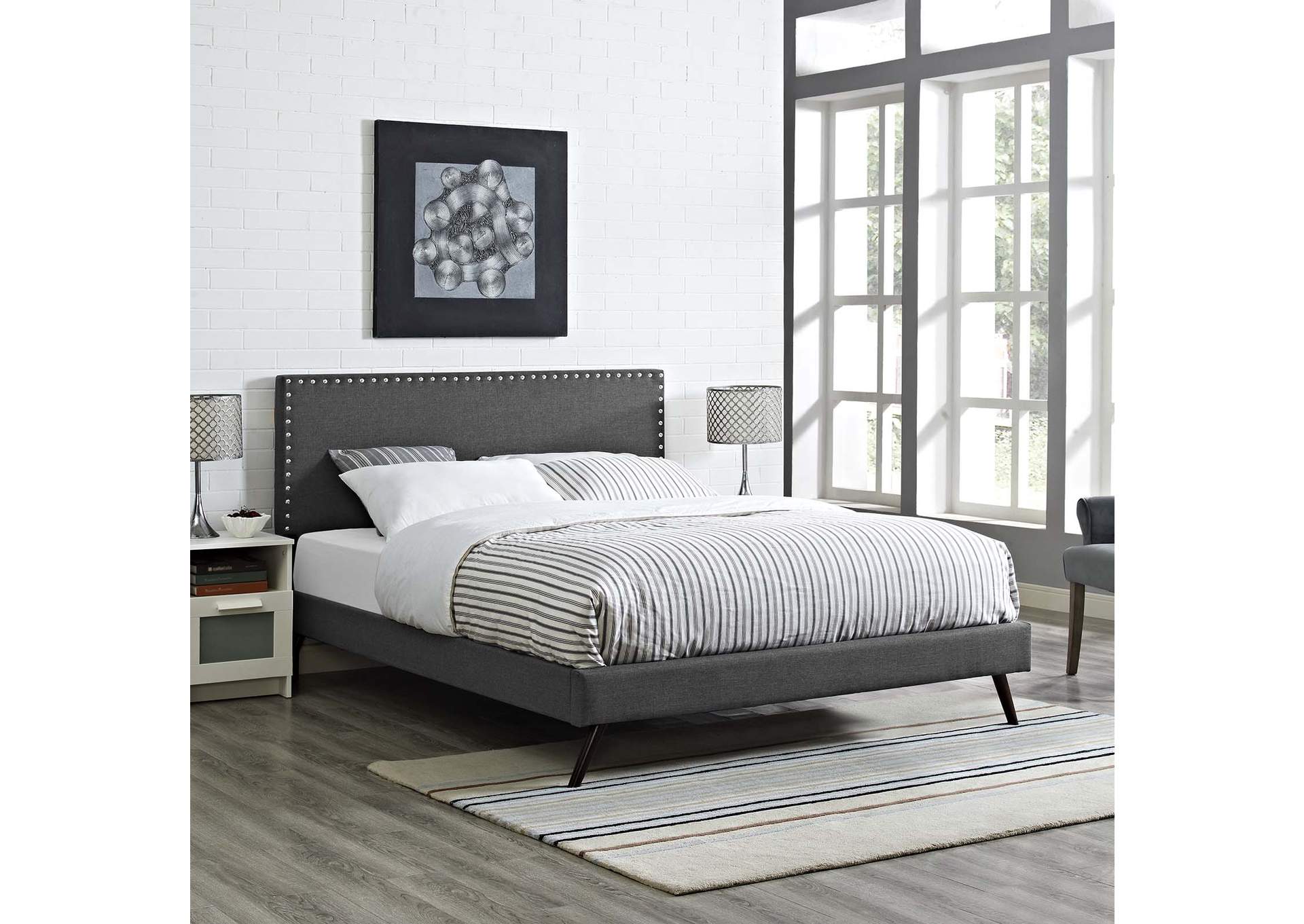 Gray Macie Platform Queen Bed - Fabric with Round Splayed Legs,Modway