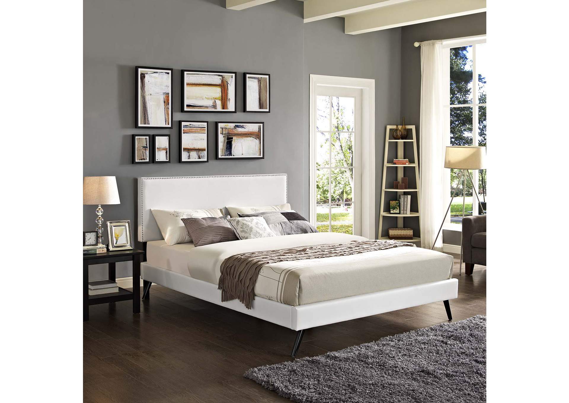 White Macie Platform King Bed - Vinyl with Round Splayed Legs,Modway
