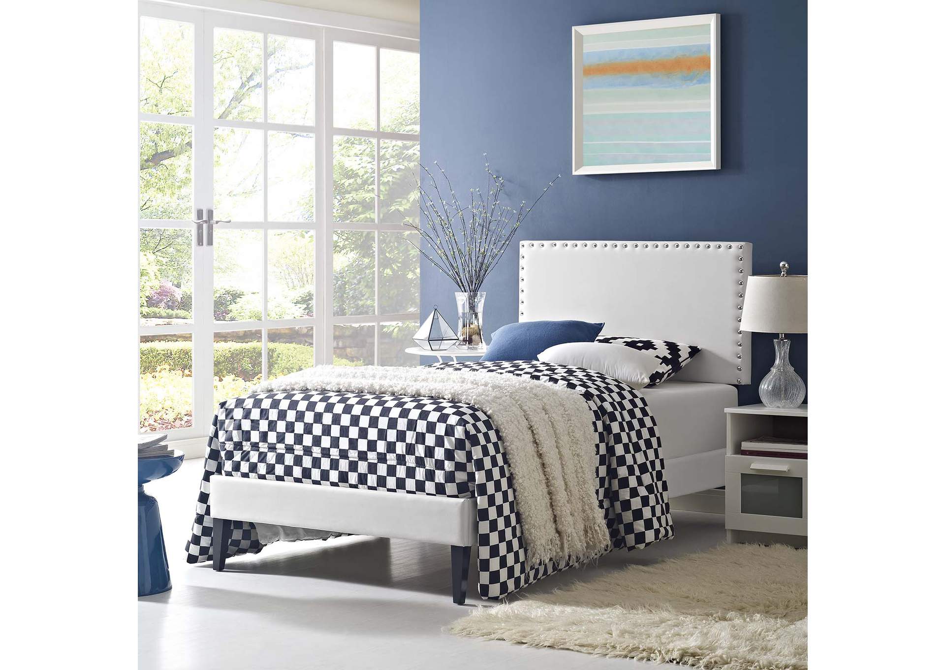 White Macie Platform Twin Bed - Vinyl with Squared Tapered Legs,Modway