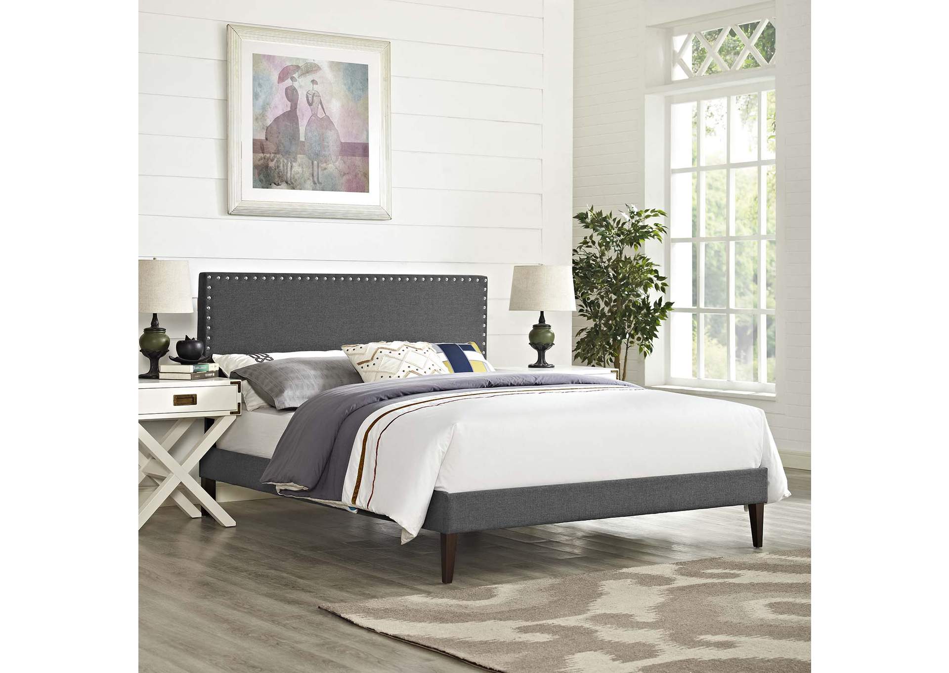 Gray Macie Platform Queen Bed - Fabric with Squared Tapered Legs,Modway