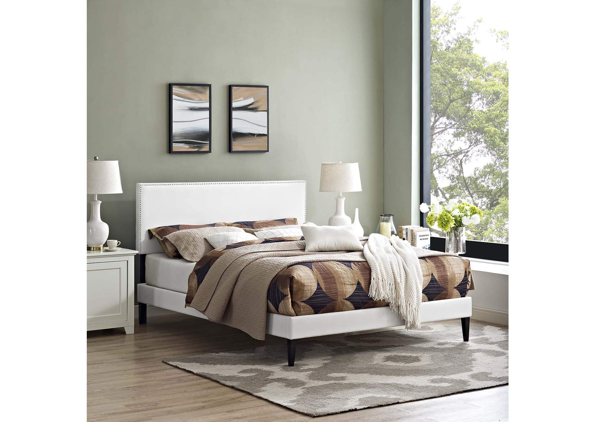 White Macie Platform King Bed - Vinyl with Squared Tapered Legs,Modway