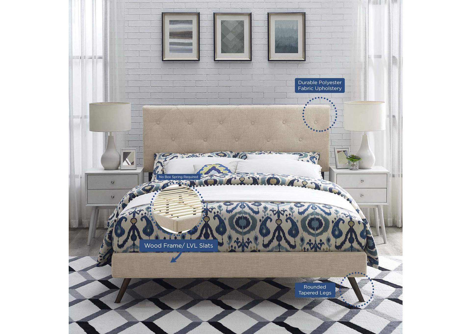 Beige Tarah Platform Queen Bed - Fabric with Round Splayed Legs,Modway