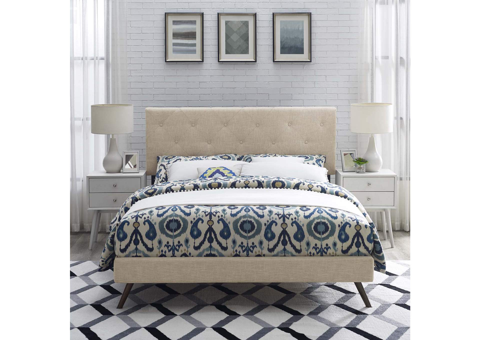Beige Tarah Platform Queen Bed - Fabric with Round Splayed Legs,Modway