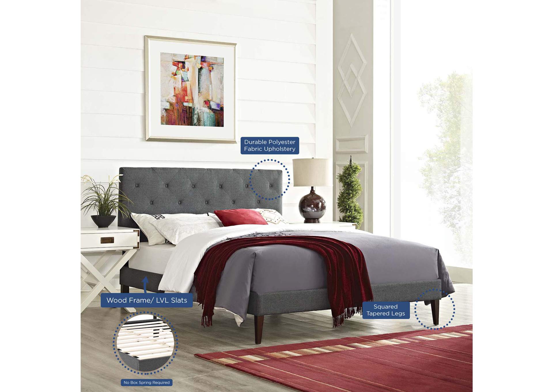 Gray Tarah Platform King Bed - Fabric with Squared Tapered Legs,Modway