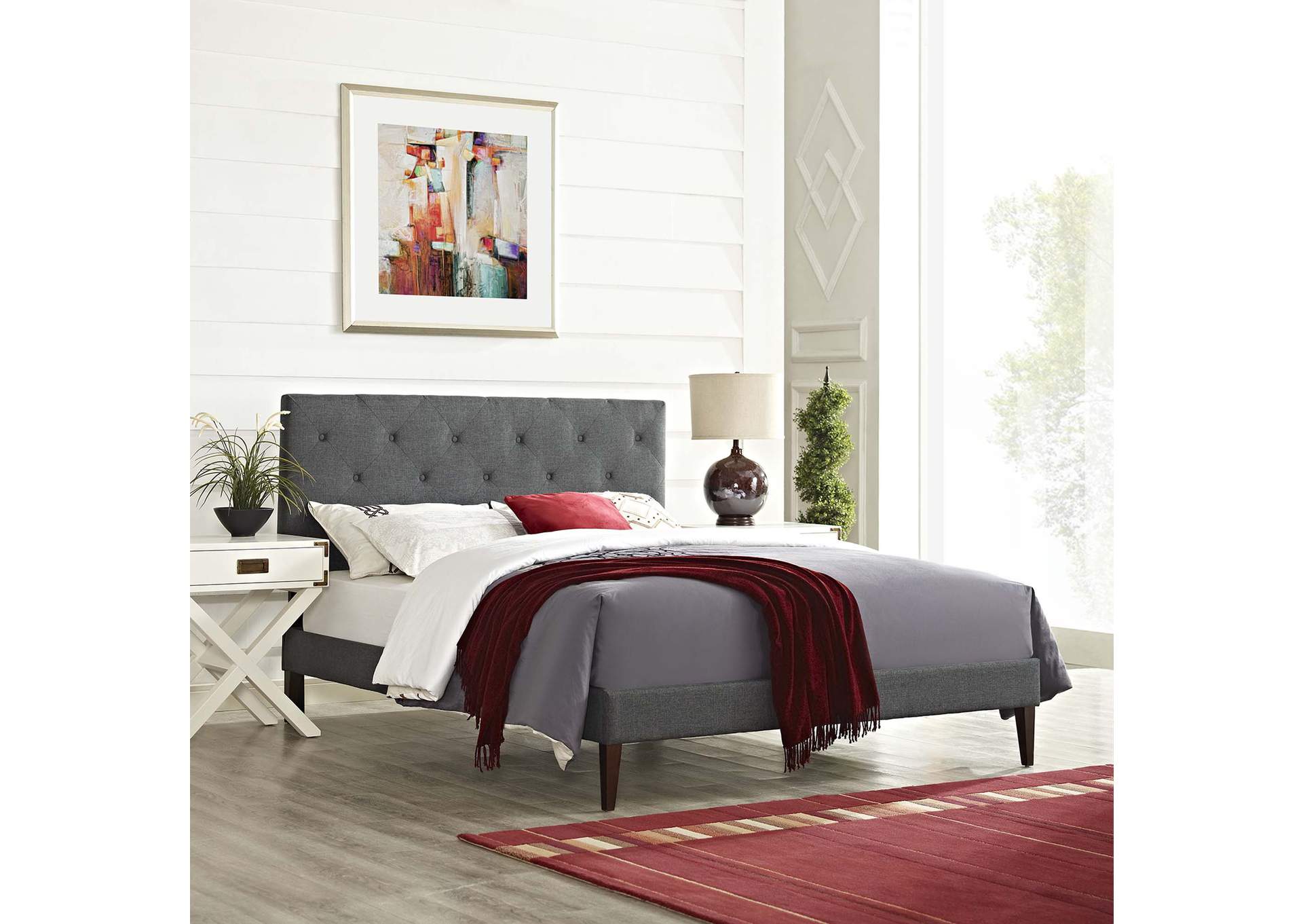 Gray Tarah Platform King Bed - Fabric with Squared Tapered Legs,Modway