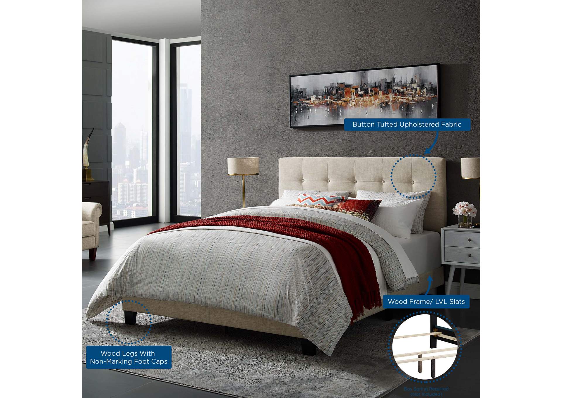 Beige Amira Queen Upholstered Bed - Fabric,Modway