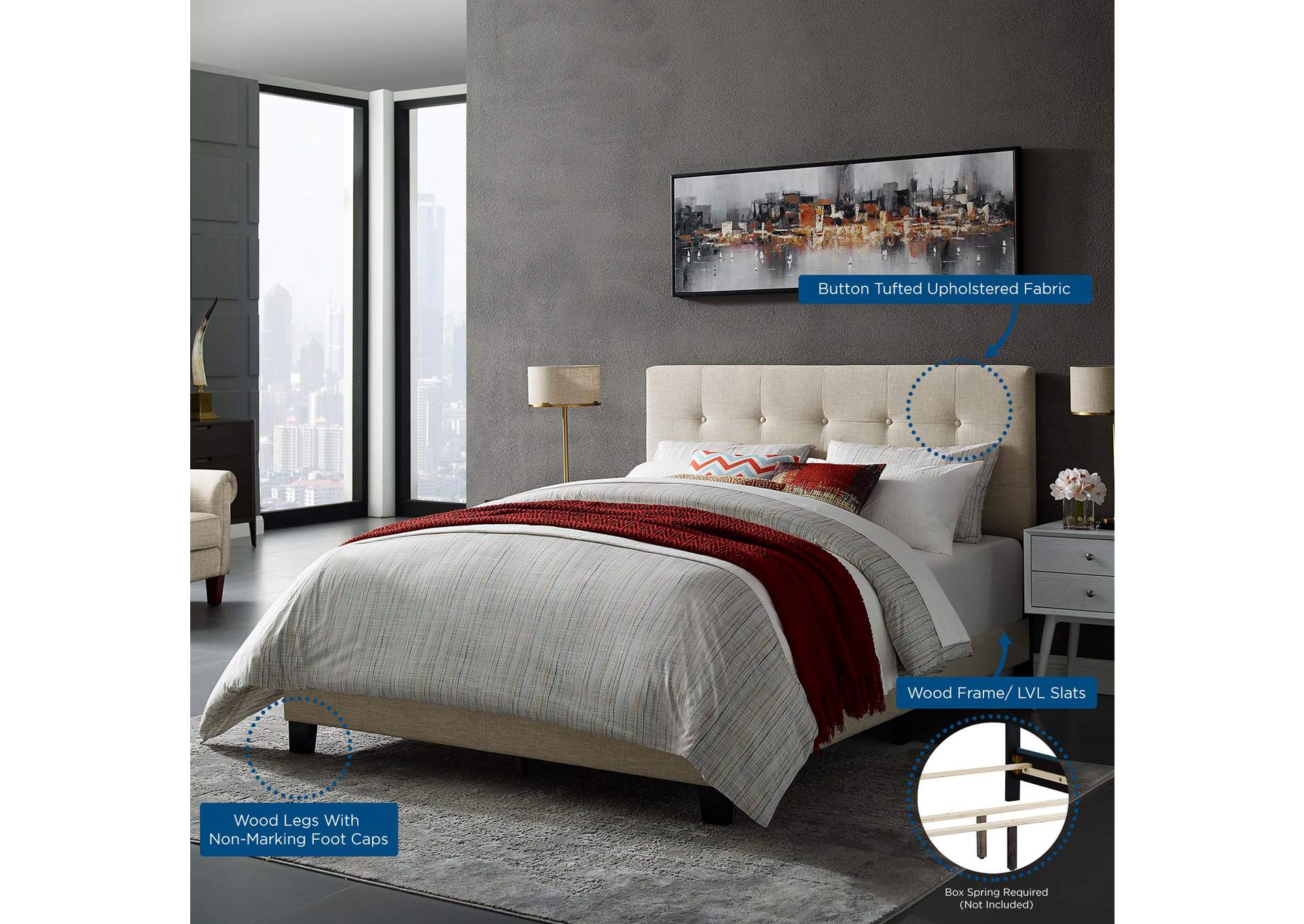 Beige Amira King Upholstered Bed - Fabric,Modway