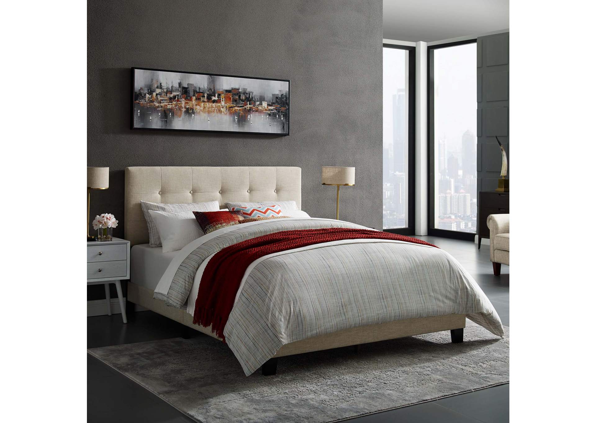 Beige Amira King Upholstered Bed - Fabric,Modway