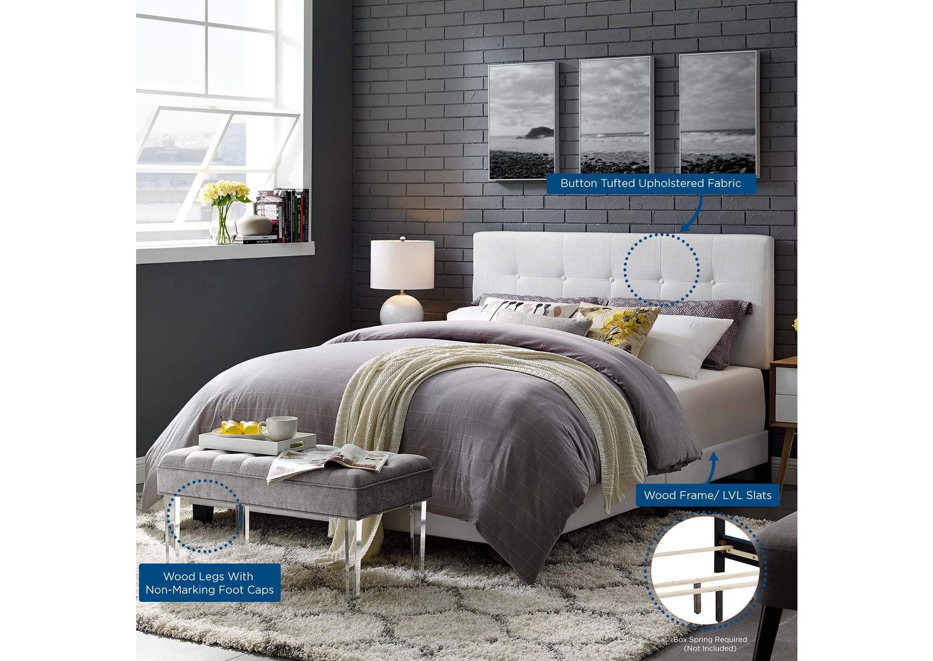 White Amira King Upholstered Bed - Fabric,Modway