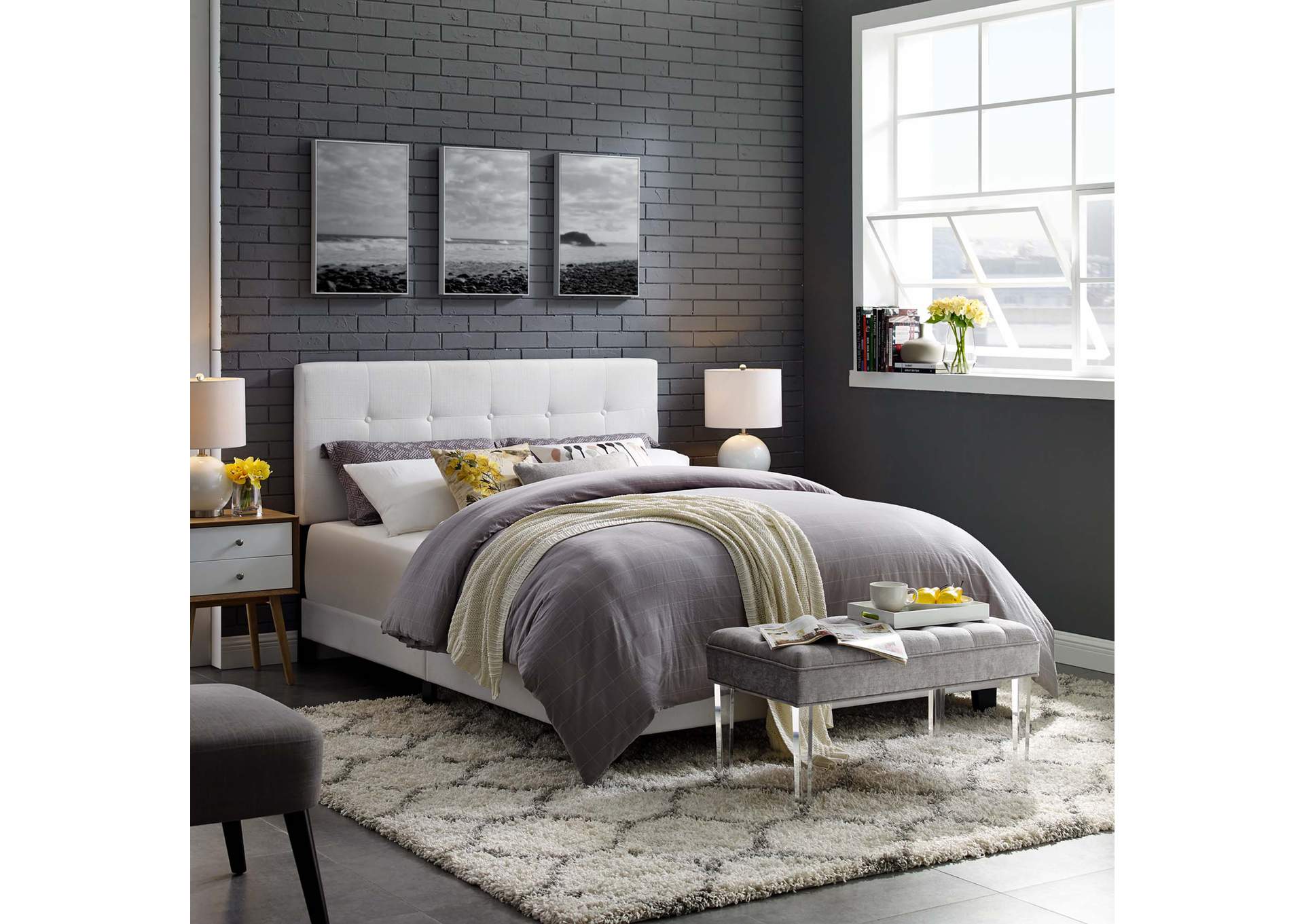 White Amira King Upholstered Bed - Fabric,Modway